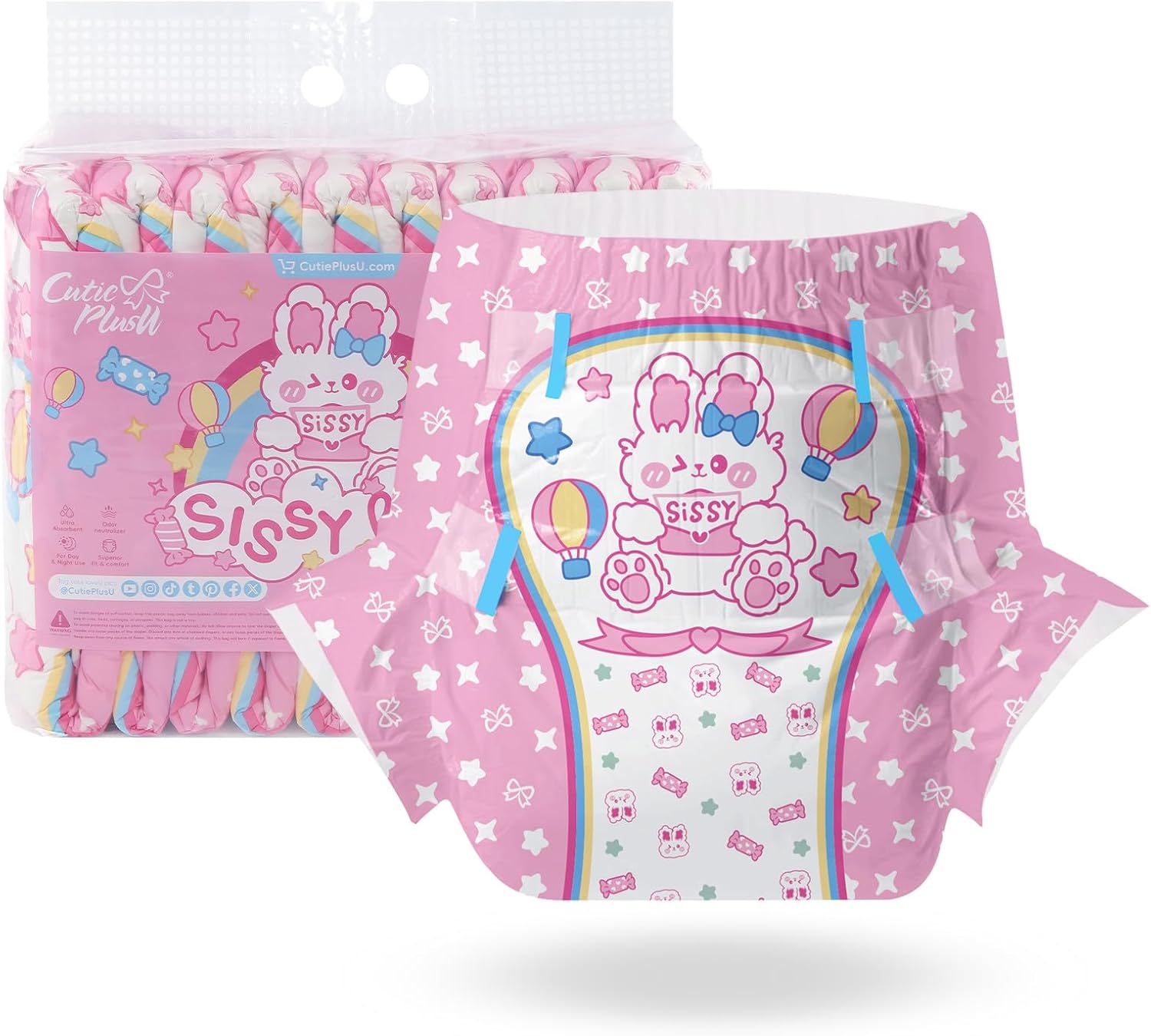CutiePlusU Adult Diapers 10 Pieces,Sissy Baby Disposable Incontinence Briefs with Tabs for Women and Men, Maximum Overnight Absorbency(Large 37"-47")