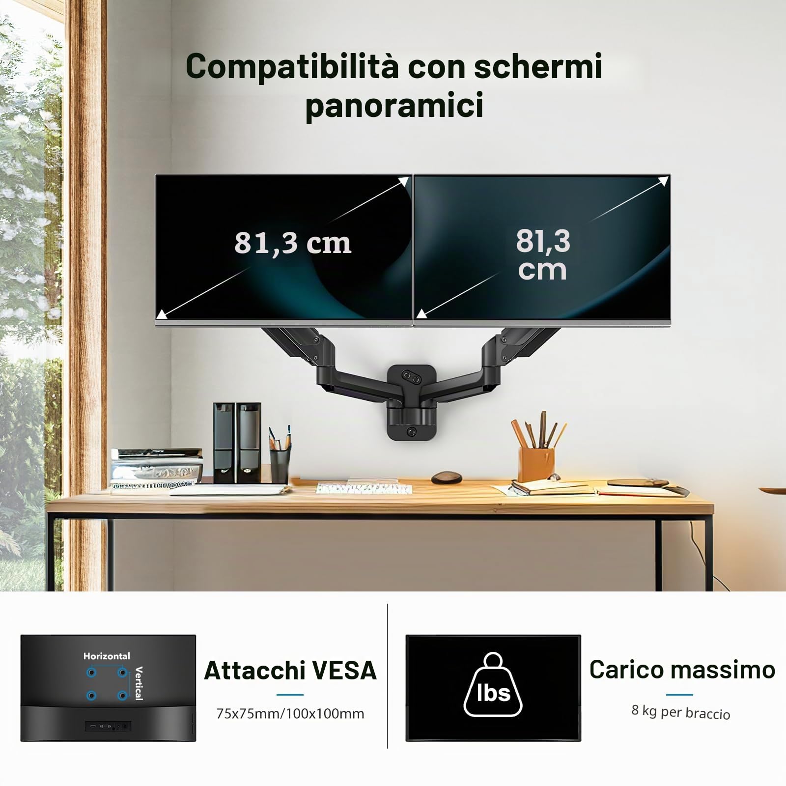 HUANUO Doppio Supporto a Parete per Schermi da 17 a 32 pollici, Supporto per Monitor a Parete con Pistone a Gas, Doppio Braccio per Monitor Supporto VESA 75/100 mm, capacità di carico 2-8kg