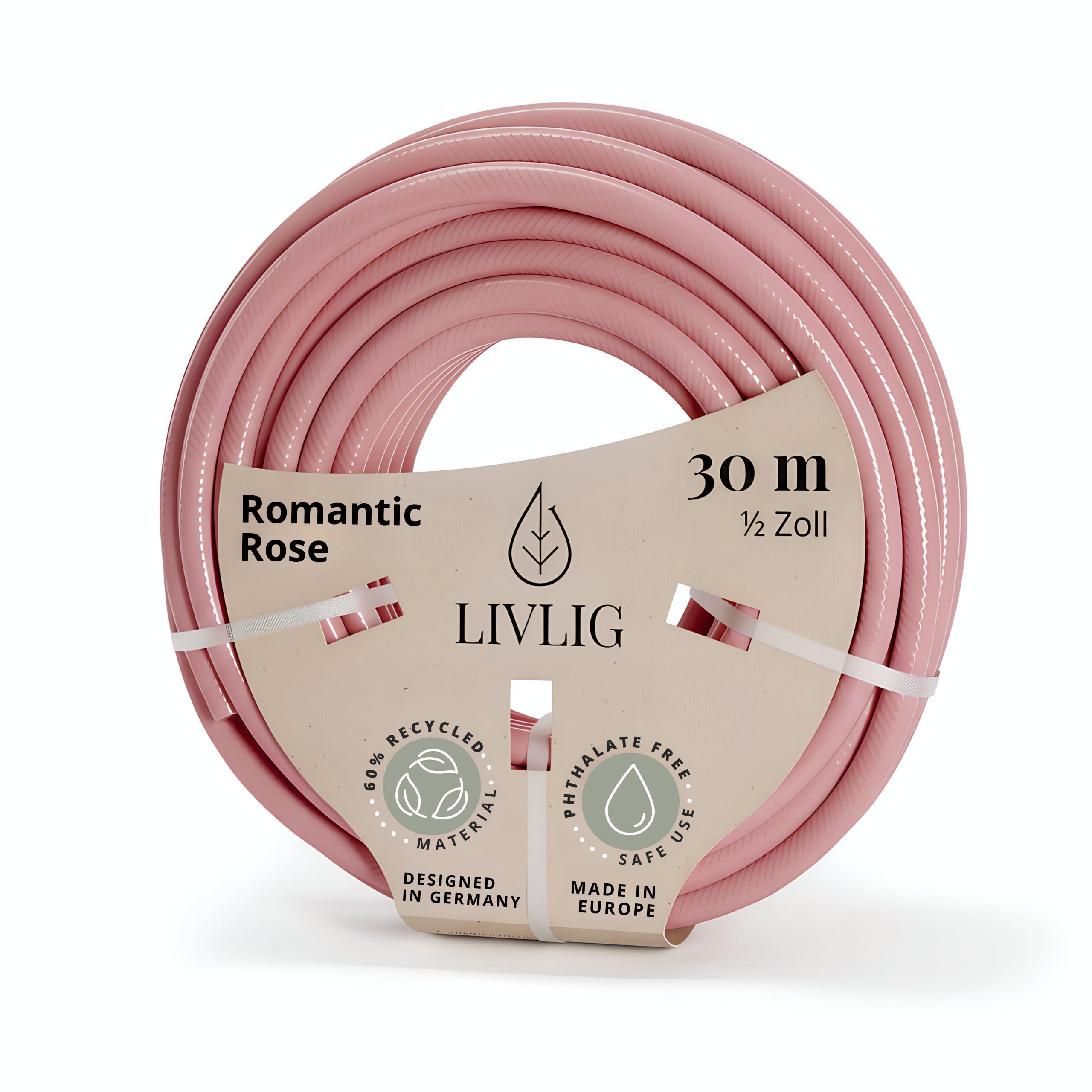 LIVLIG Tubo da Giardino 30m Design – Tubo Irrigazione Flessibile, 60% Riciclato, Resistente UV, Anti-Torsione, 1/2 Pollice, Rosa