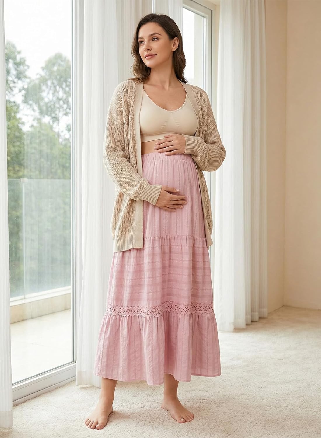 BLENCOT Long Skirts for Women Boho Crochet Lace High Waisted A-Line Cotton Tiered Maxi Skirt - Image 8