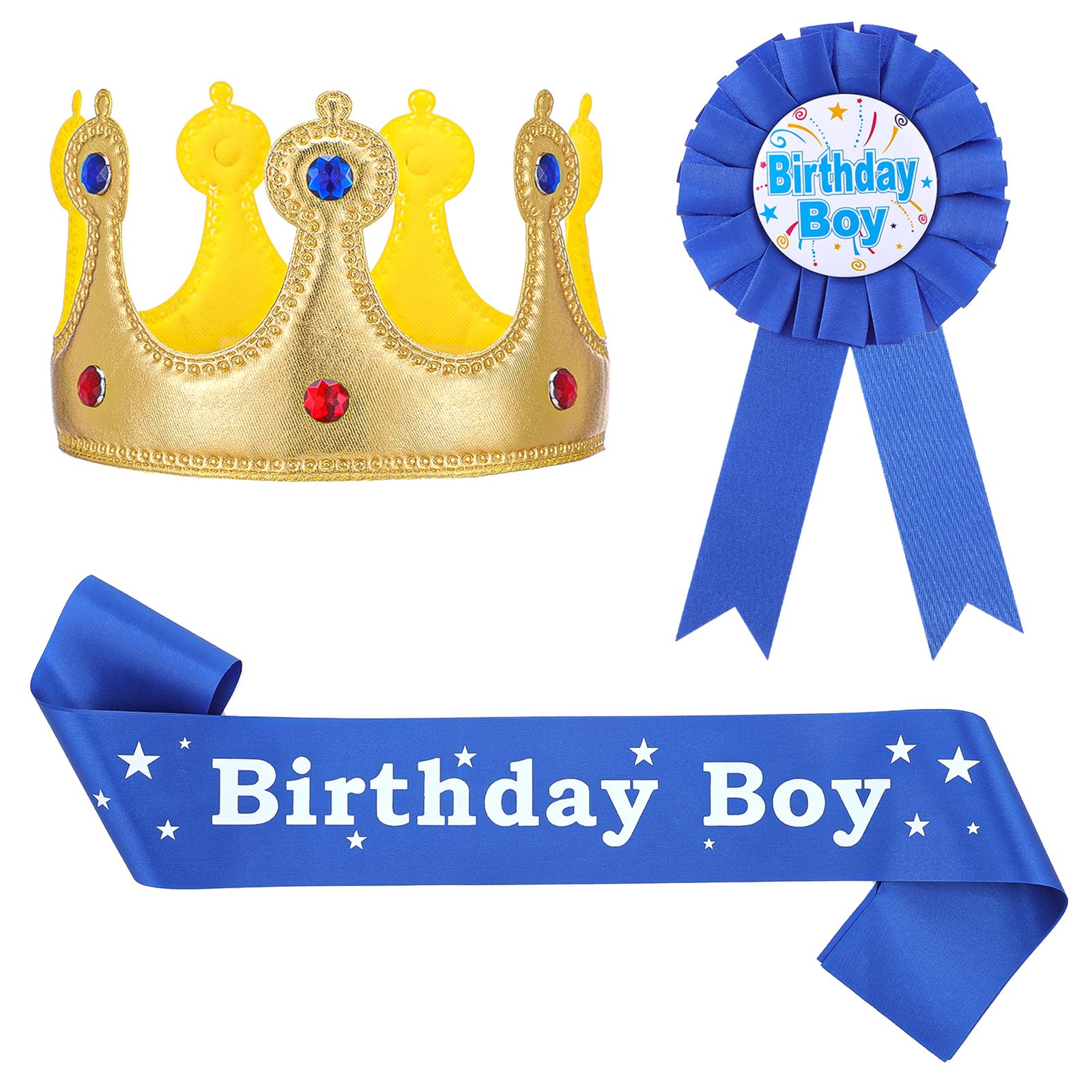 guduling 3 Pcs Birthday Boy sash for Men,Birthday King Sash,Blue with Gold Ring,Birthdays Sashs King Crown and Button Pin Blue Golden Rings Party Accessory Set for Party Supplies Favors