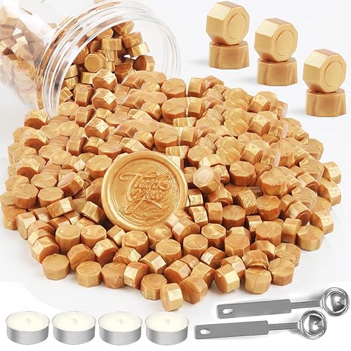 Cuentas de sellado de cera dorada Wasole 400 piezas de cuentas de sello de cera octágono dorado metálico para sello de cera con 2 cucharas de fusión