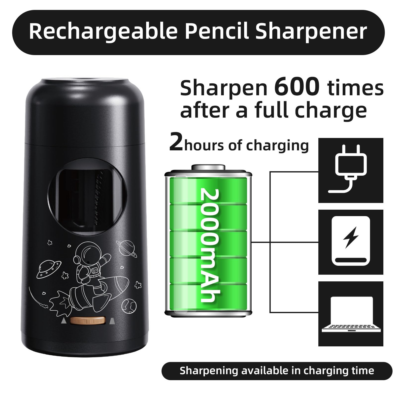 Taille-crayon électrique alimentation automatique/arrêt 3 épaisseur réglable alimenté par batterie USB pour 7-11.5mm électrique automatique
