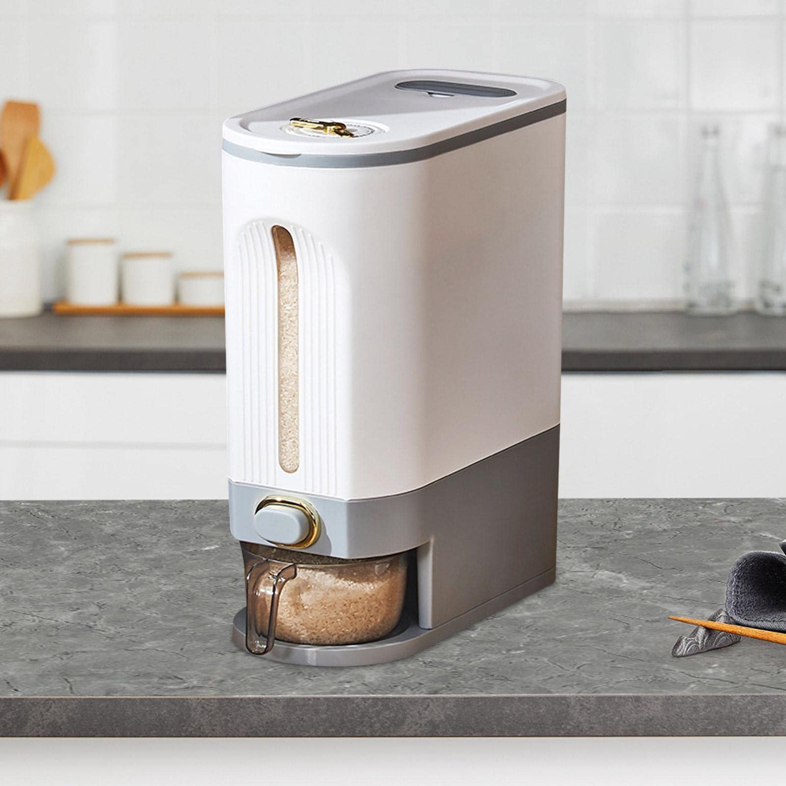Contenedor de arroz,Dispensador de arroz sellable Contenedor de grano sellado grande Dispensador de alimentos,organización de cocina con indicador de tiempo,taza medidora para cocina,maíz,Gris