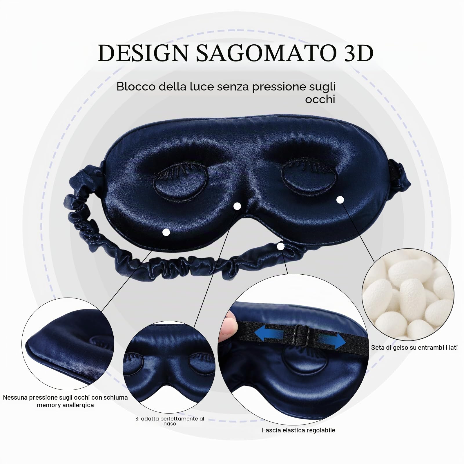 ZIMASILK Mascherina da notte regolabile in 100% pura seta di gelso da 22 momme | Mascherina per occhi sagomata 3D, morbida e traspirante, per donne e uomini, blocca la luce perfetta per dormire (blu navy)