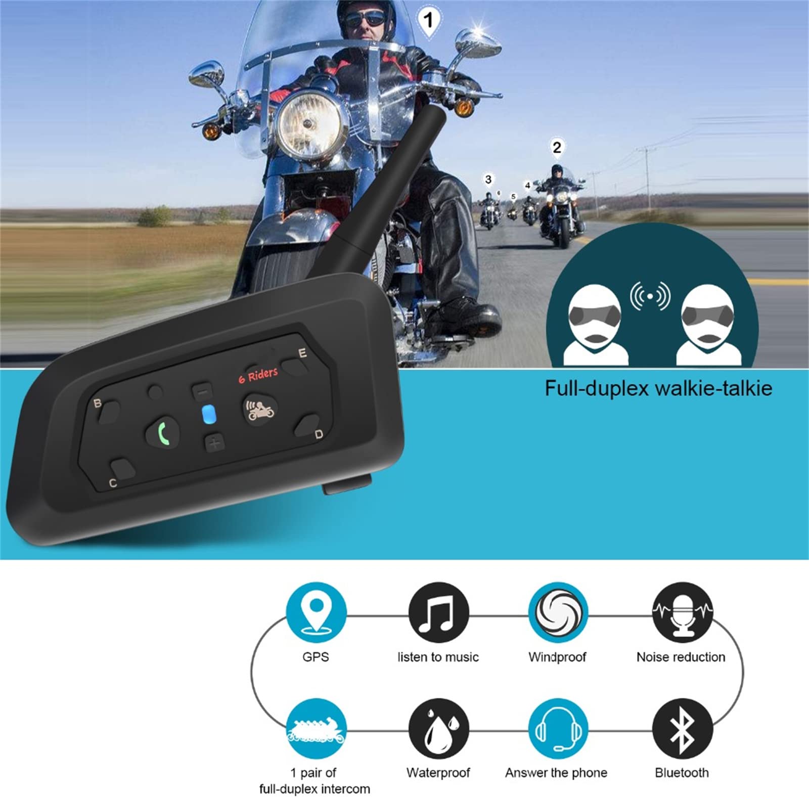 Cuffie Interfono Bluetooth Per Casco Da Moto, Con Chiamata in Vivavoce E Funzione Di Riduzione Del Rumore, Collega Fino A 6 Motociclisti Per Sci Motociclistico Impermeabile