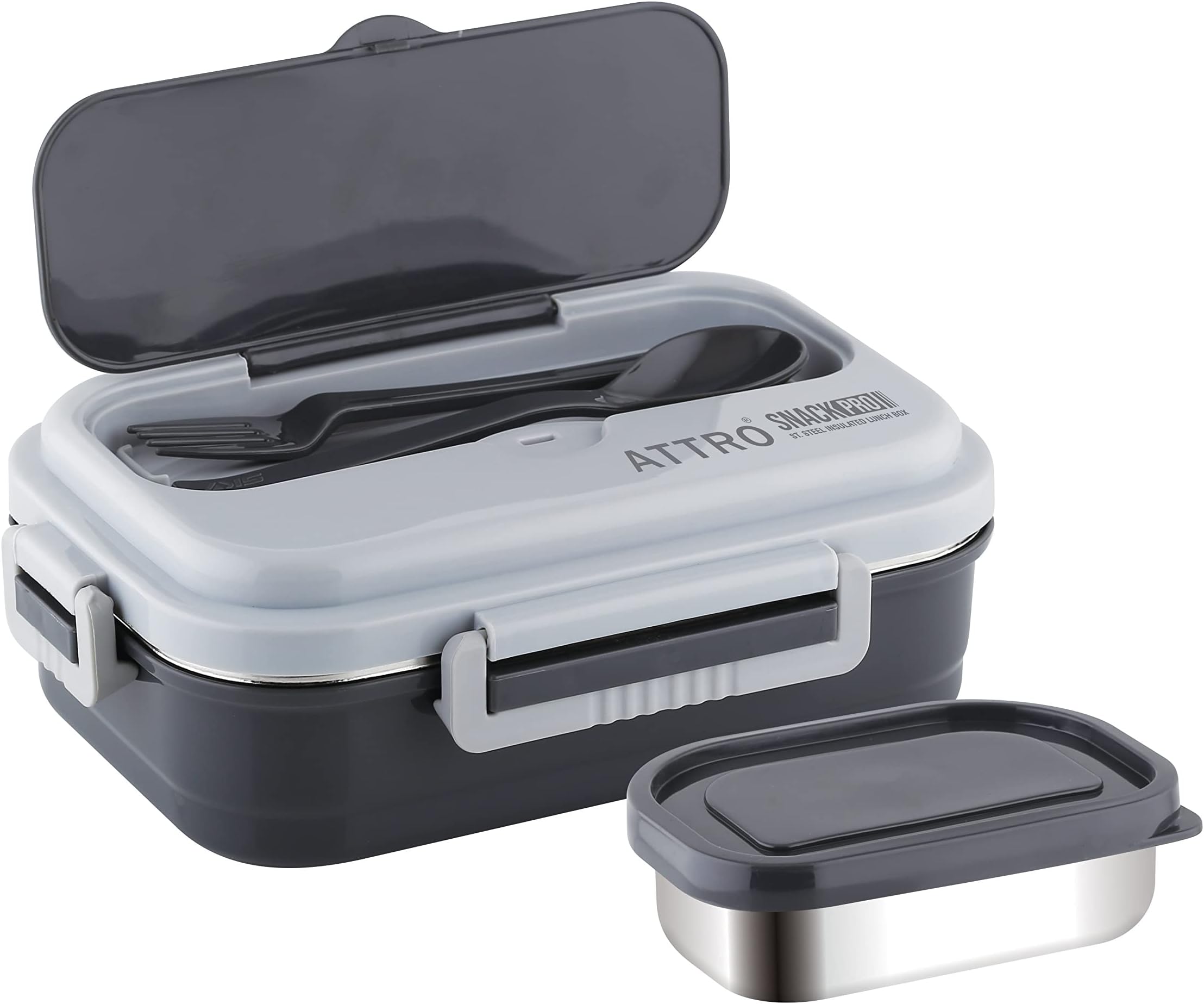 Attro Snackpro Plastic Lunch Box Airtight & Leak Proof Containers with Plastic Fork for Office Use, School, Picnic, 800 Ml - Grey