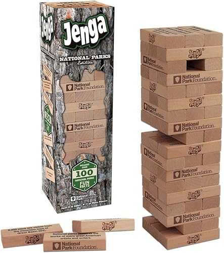 USAOPOLY JENGA National Parks | Juego clásico de bloques de madera Jenga con un tema de parques nacionales | Juego de viaje perfecto para familias |