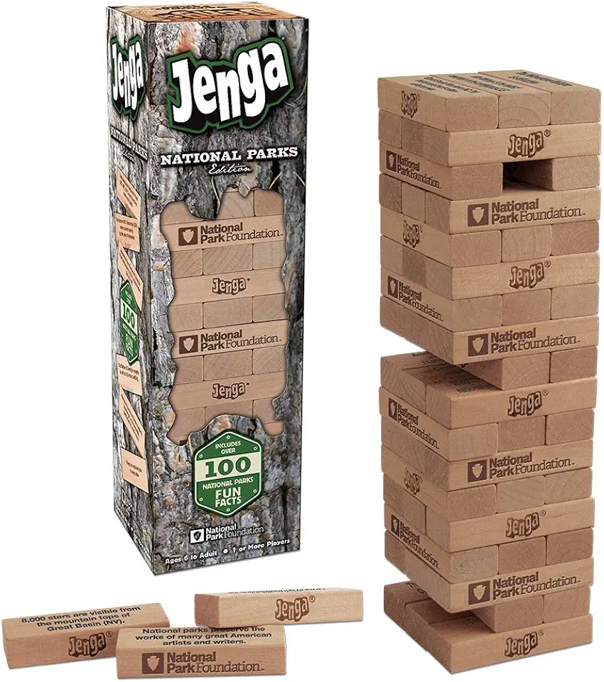 USAOPOLY JENGA National Parks | Classic Jenga Wooden Block Game with a National Parks Theme | Perfect Travel Game for Families | Celebrate US National Parks Service