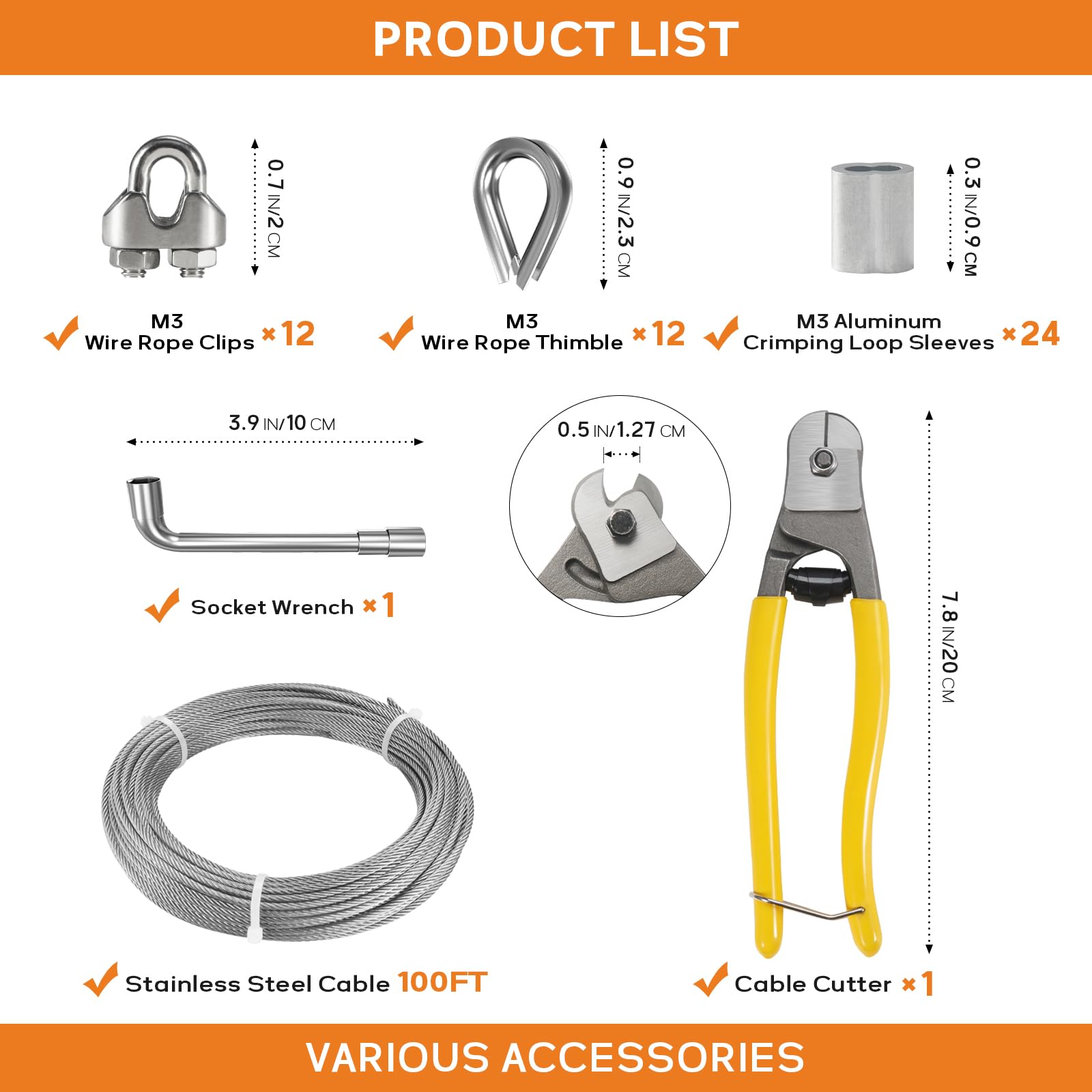 TESSKY 1/8 Inch Stainless Steel Cable Kit, 7x19 Strands Wire Rope Kit 100FT with Enough Accessories for Climbing Plants, Fencing, Outdoor Hanging and Deck Railing