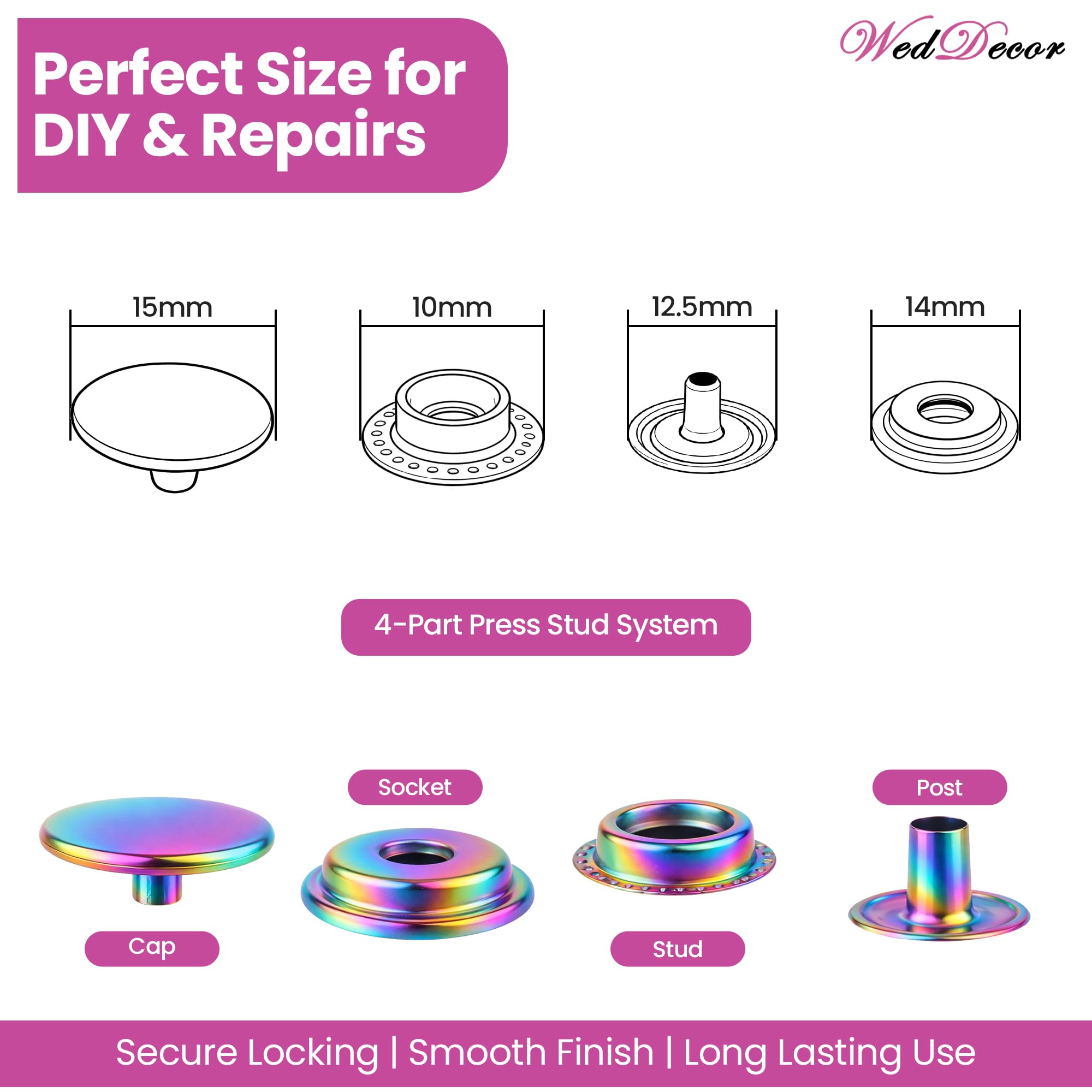 WedDecor Botones de presión grandes de 15 mm de latón resistente de cuatro piezas para manualidades en cuero, cubierta de barco, reparación, reemplazo, ropa, arco iris, 100 juegos