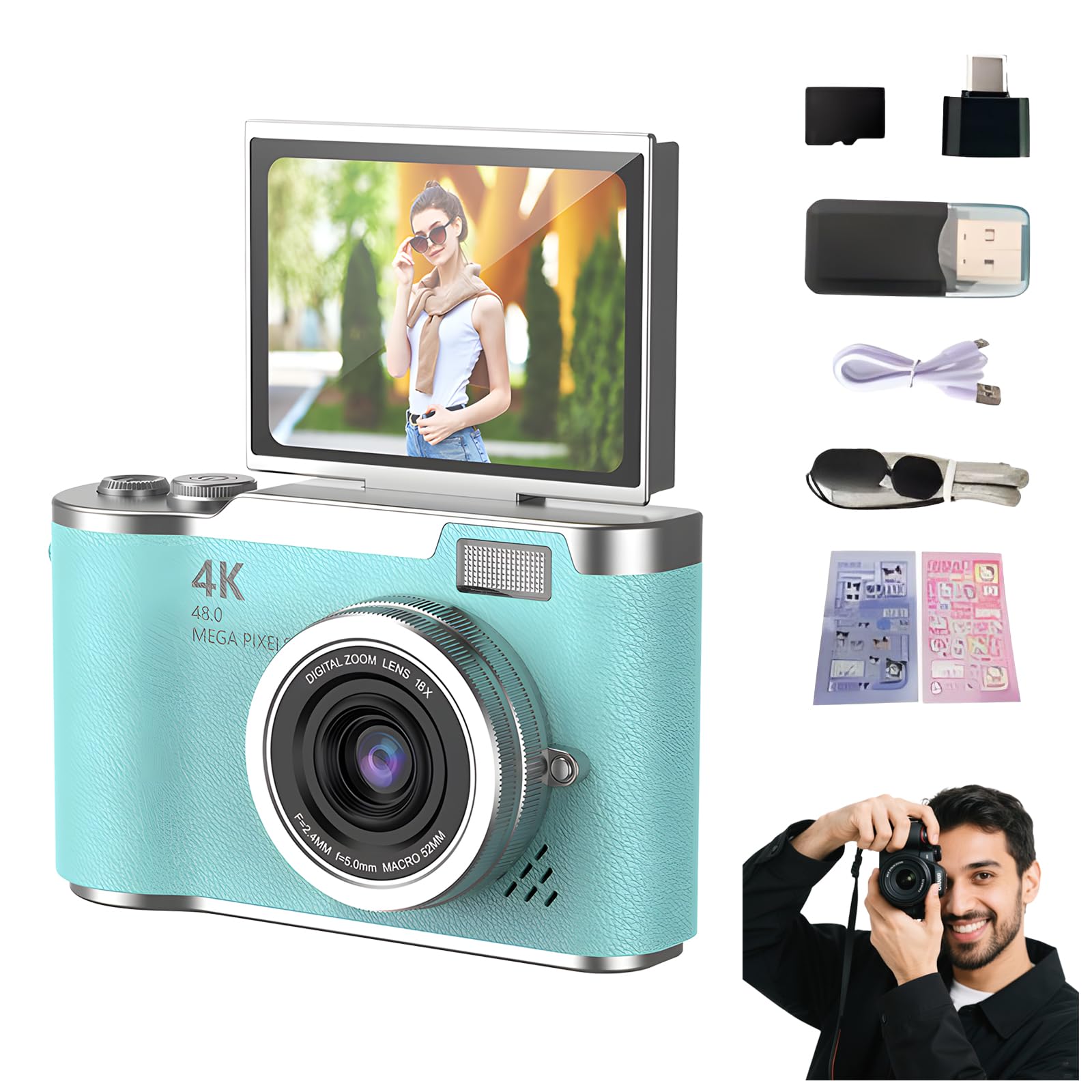 4K Foldable Screen Student Camera, Point and Shoot Digital Cameras with 32GB TF Card, Portable Camera FHD 48MP 4K Digital Camera with 8X Zoom