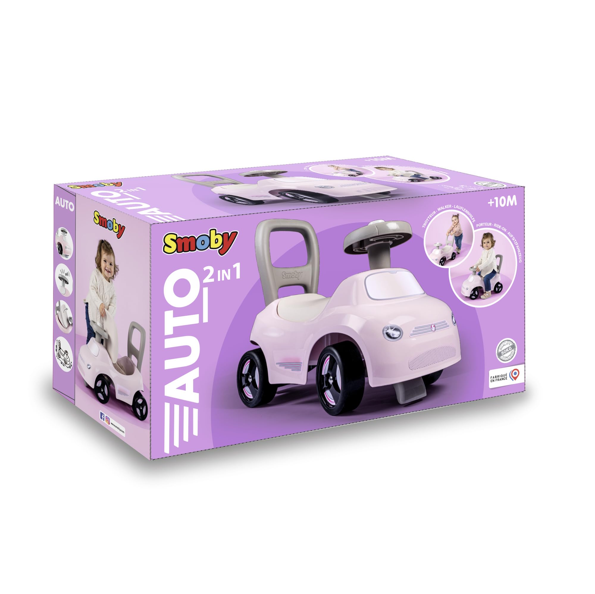 Smoby - Auto cavalcabile rosa - Funzione girello - Volante - Ergonomico e maneggevole - Contenitore per giocattoli - Dai 10 mesi - Prodotto in Francia