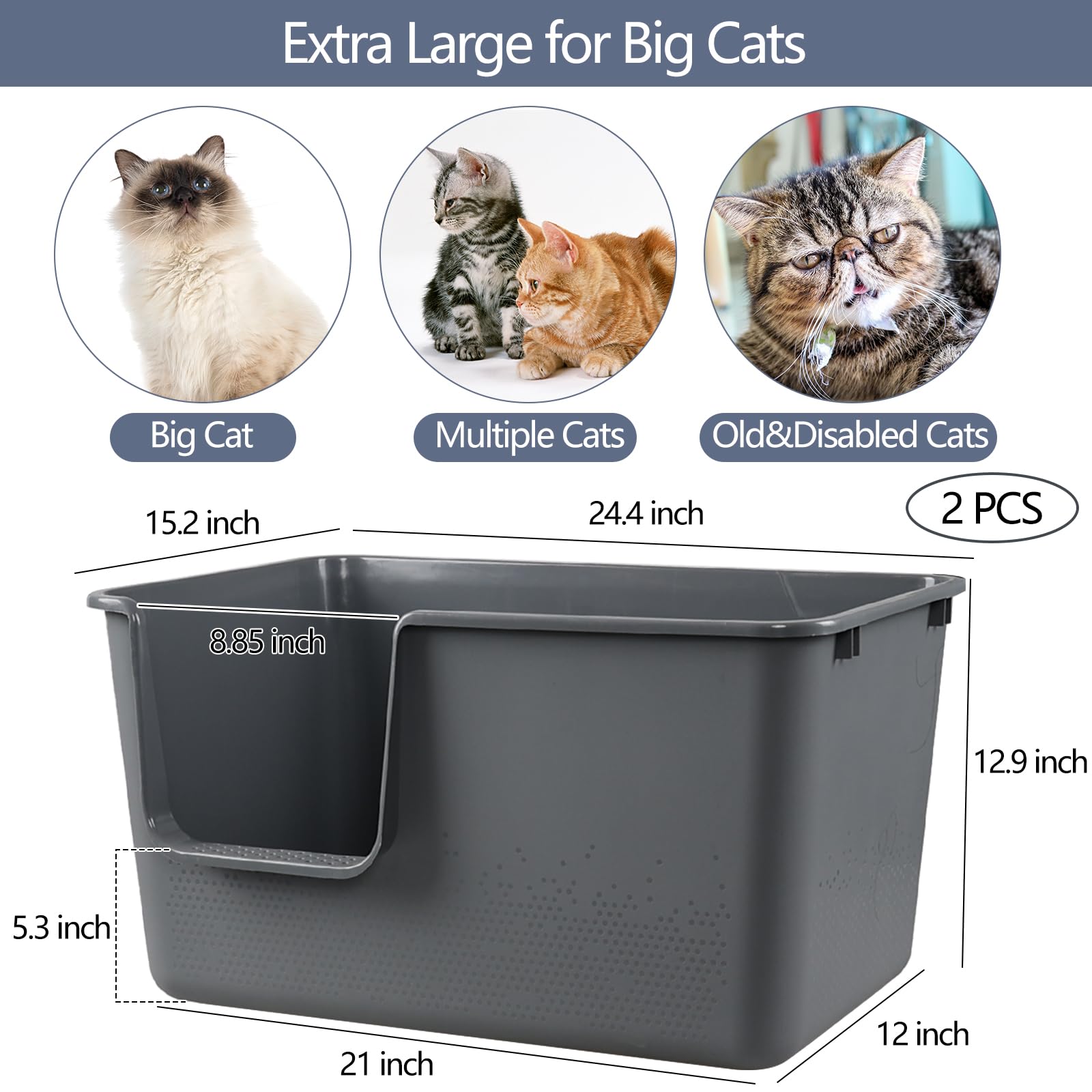 Afromy Large Cat Litter Box with High Sides, Easy to Clean, Litter Box for Big Cats&Multiple Cats (Pack of 2, Grey)