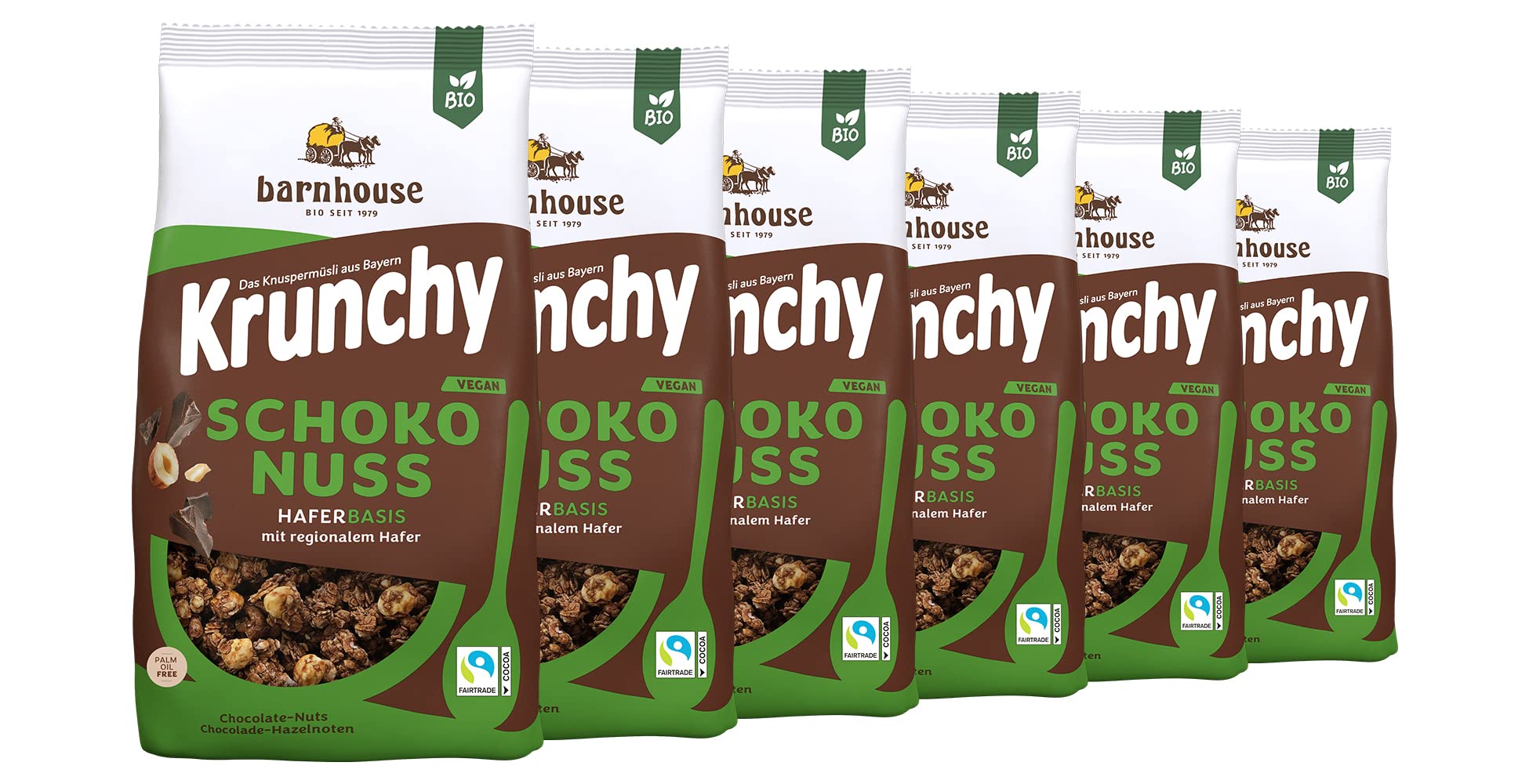 Barnhouse Krunchy Schoko-Nuss, Bio Hafer-Knuspermüsli aus Bayern, köstlich schokoladig mit Haselnüssen, 6 x 750 g