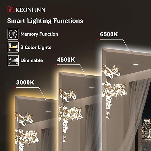 Miniatura 4 de Keonjinn Espejo LED para baño de 24 x 30 pulgadas, espejo retroiluminado con borde biselado, certificado UL, vidrio templado seguro, 3 luces de