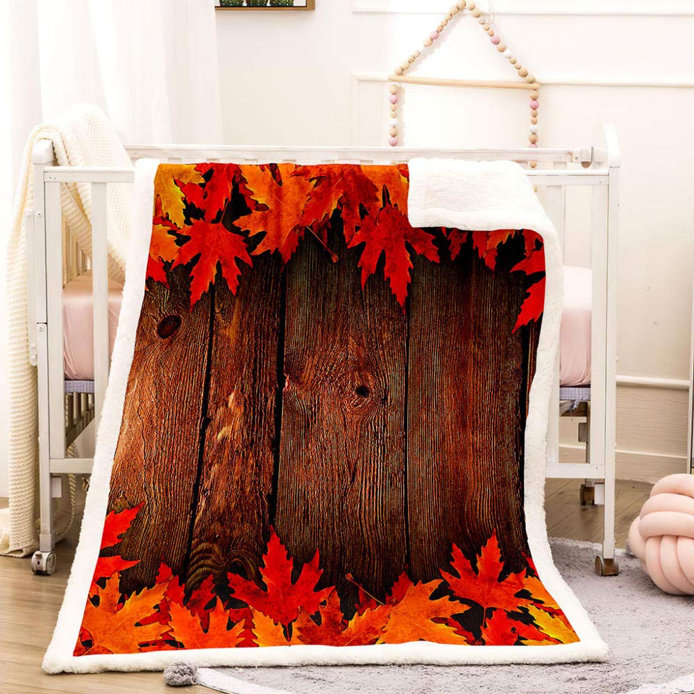 Koc polarowy w stylu retro, Sherpa, koc dwustronny, przytulny, bardzo gruby i ciepły, narzuta na sofę, z mikrofibry, liściasty, wełniany koc na sofę (150 x 200 cm)