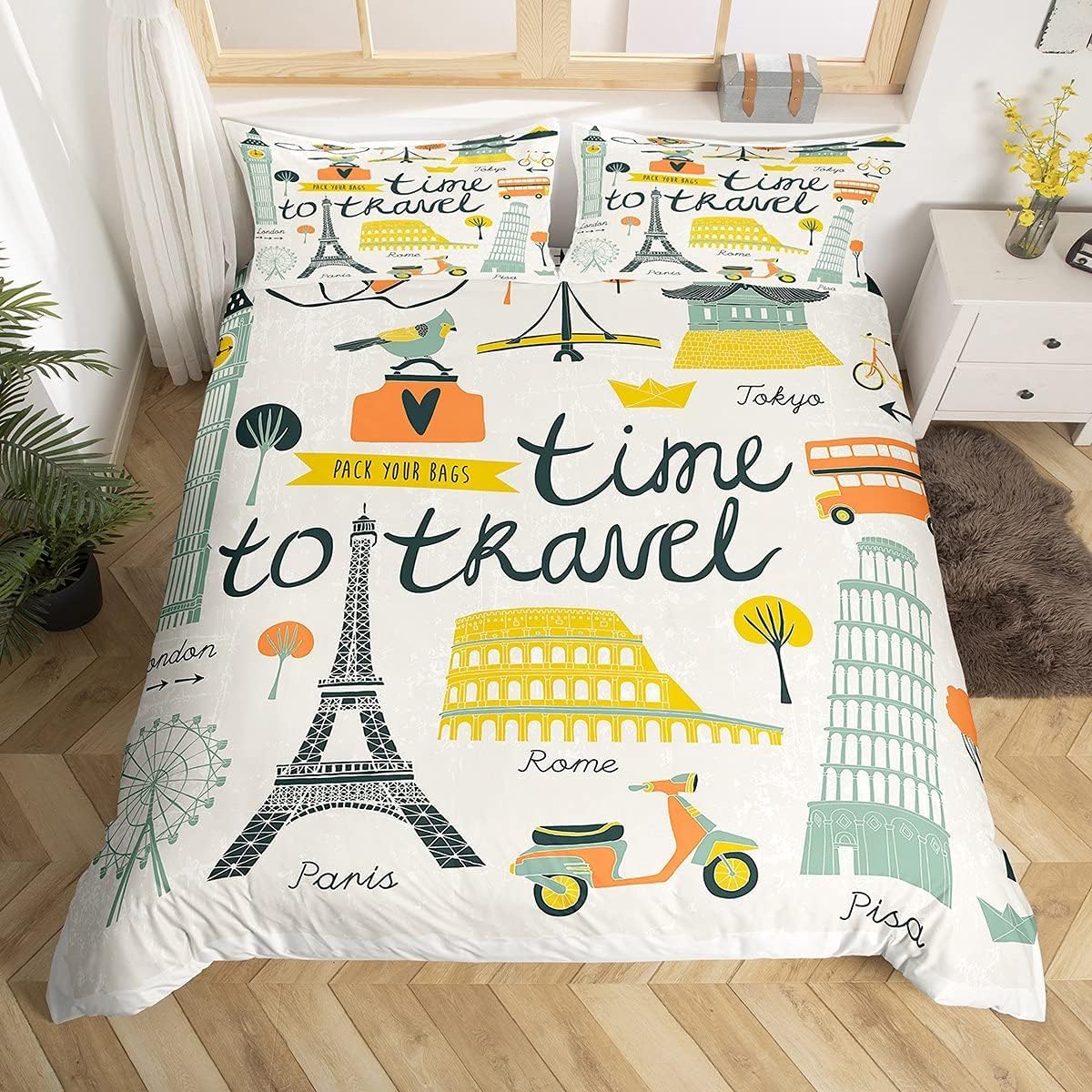 Housse de Couette 280x240 Thème Voyage Parure de Lit Enfants et Adultes Imprimé 3D Sets de Housses de Couettes en Microfibre Doux avec Fermeture Éclair et 2 Taies d'oreiller A-7742
