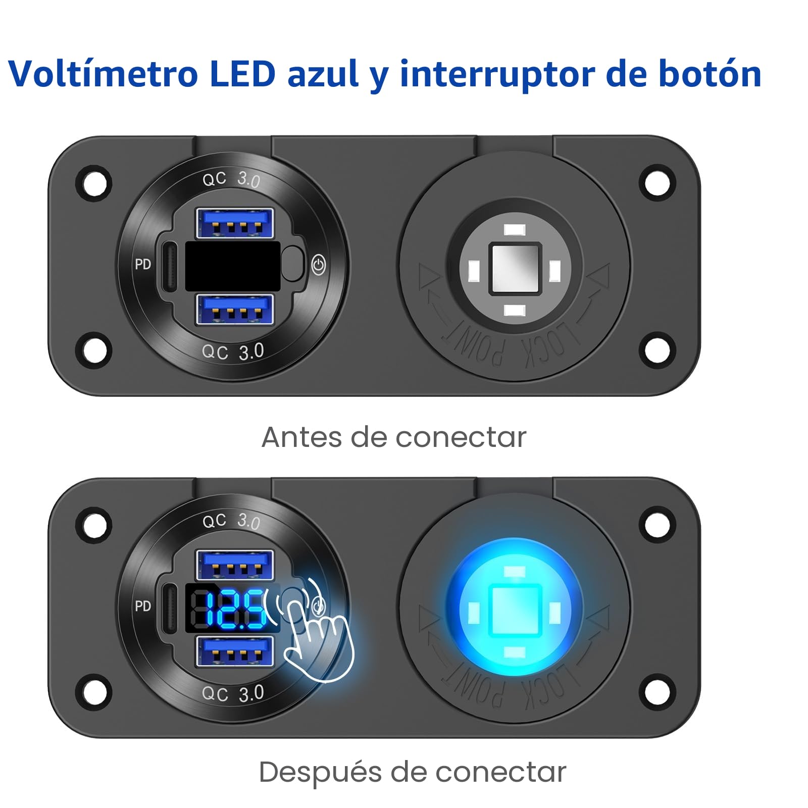 Toma USB 12V Marina Interruptor Panel Enchufe, PD3.0 y Doble QC3.0 Puertos USB Cargador Coche Aluminio con LED Voltímetro, 150W Enchufe Mechero Iluminado 12v empotrable 2 en 1 para Barco Camper, etc.