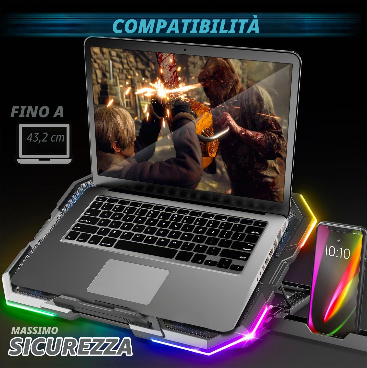 SPIRIT OF GAMER, Raffreddamento PC Portatile da 10" a 17", 6 Ventole Silenziose, Compatibile PS5, PS4, Xbox e PC, Supporto per Laptop Ventilato, Base di Raffreddamento PC Portatile Retroilluminata RGB