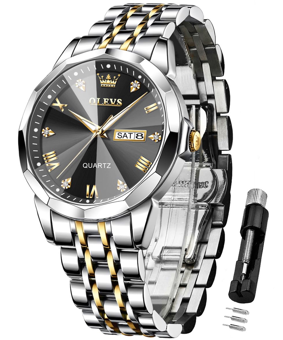 OLEVSWatch for Men Analog Quartz Dress Diamond Business Watches Two Tone Stainless Steel Waterproof Luminous Date Luxury Wrist Watch