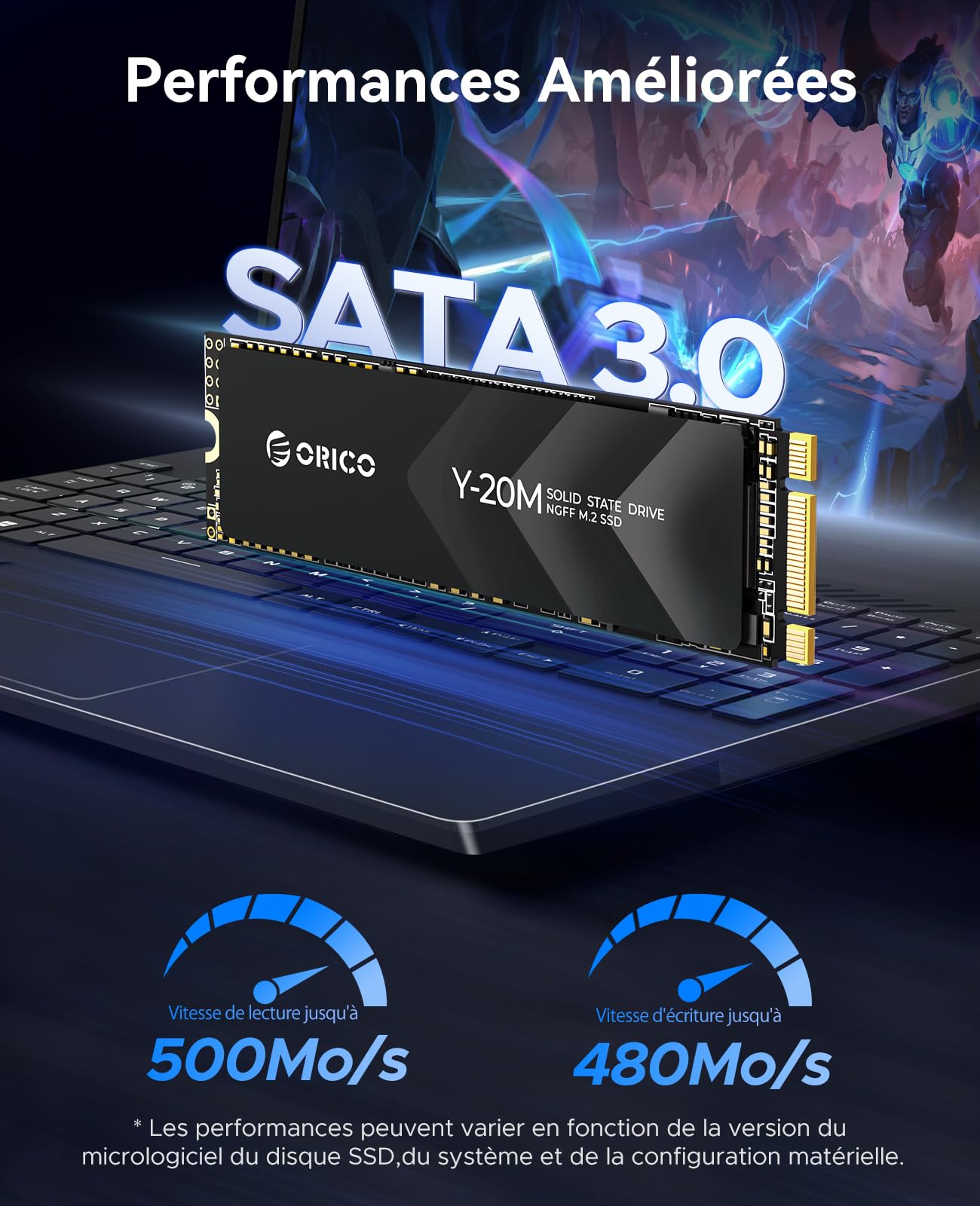 ORICO 512Go M.2 2280 SATA SSD, SATA III 6Gbps M2 SSD avec Clé B+M, 500MB/s Disque Dur Interne pour Ordinateur de Bureau/Portable - Y20M