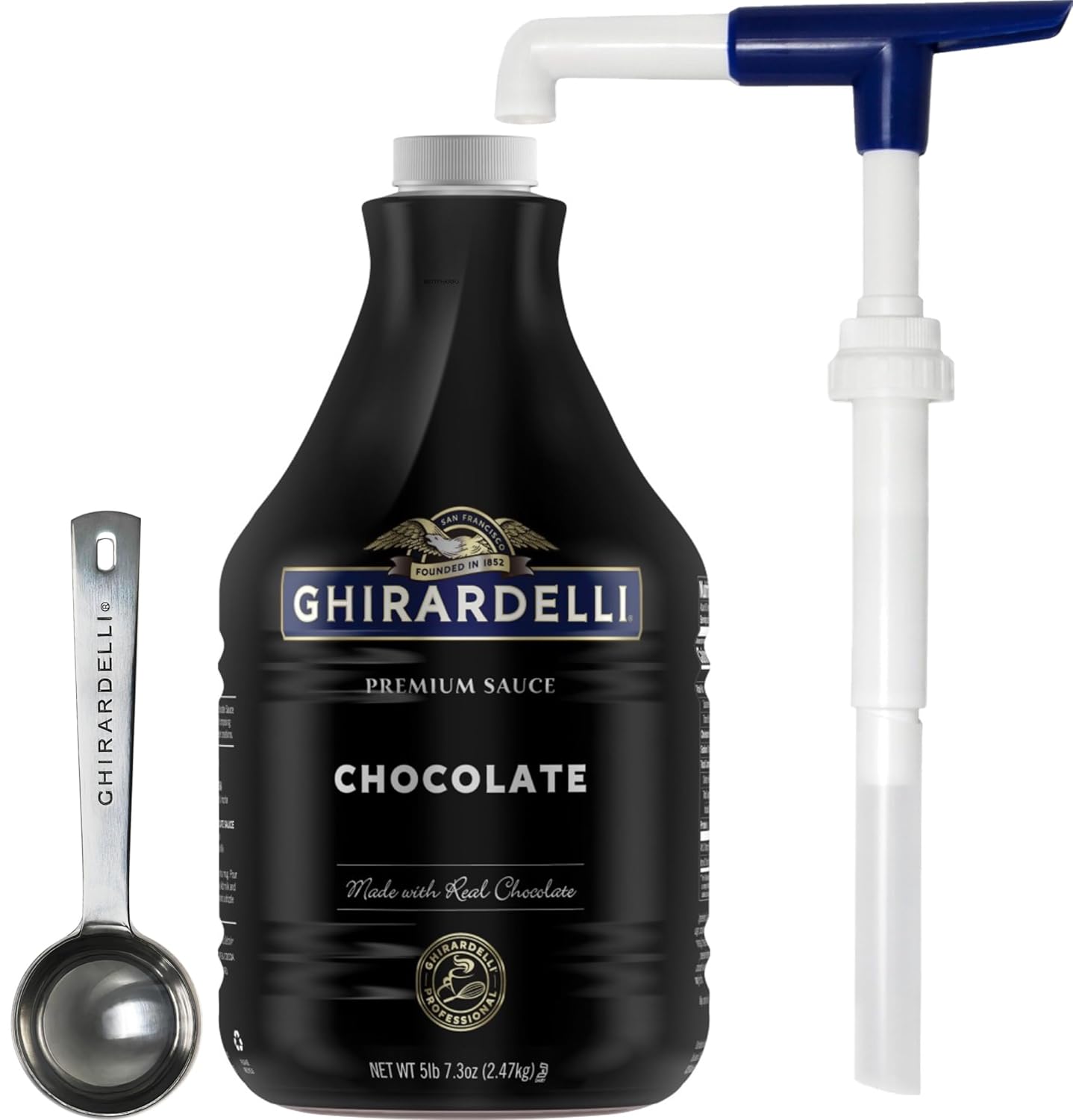 Ghirardelli Black Label Chocolate Sauce 87.3 Ounce Bottle with Ghirardelli Stamped Barista Spoon & Pump