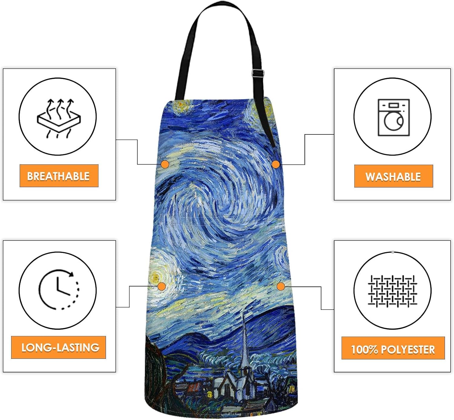 Apron with Pockets, 32x28 inch, for Women Men, Blue | Starry Night Oil Painting Waterproof Adjustable Bib Aprons for Kitchen Cooking Baking Painting Gardening