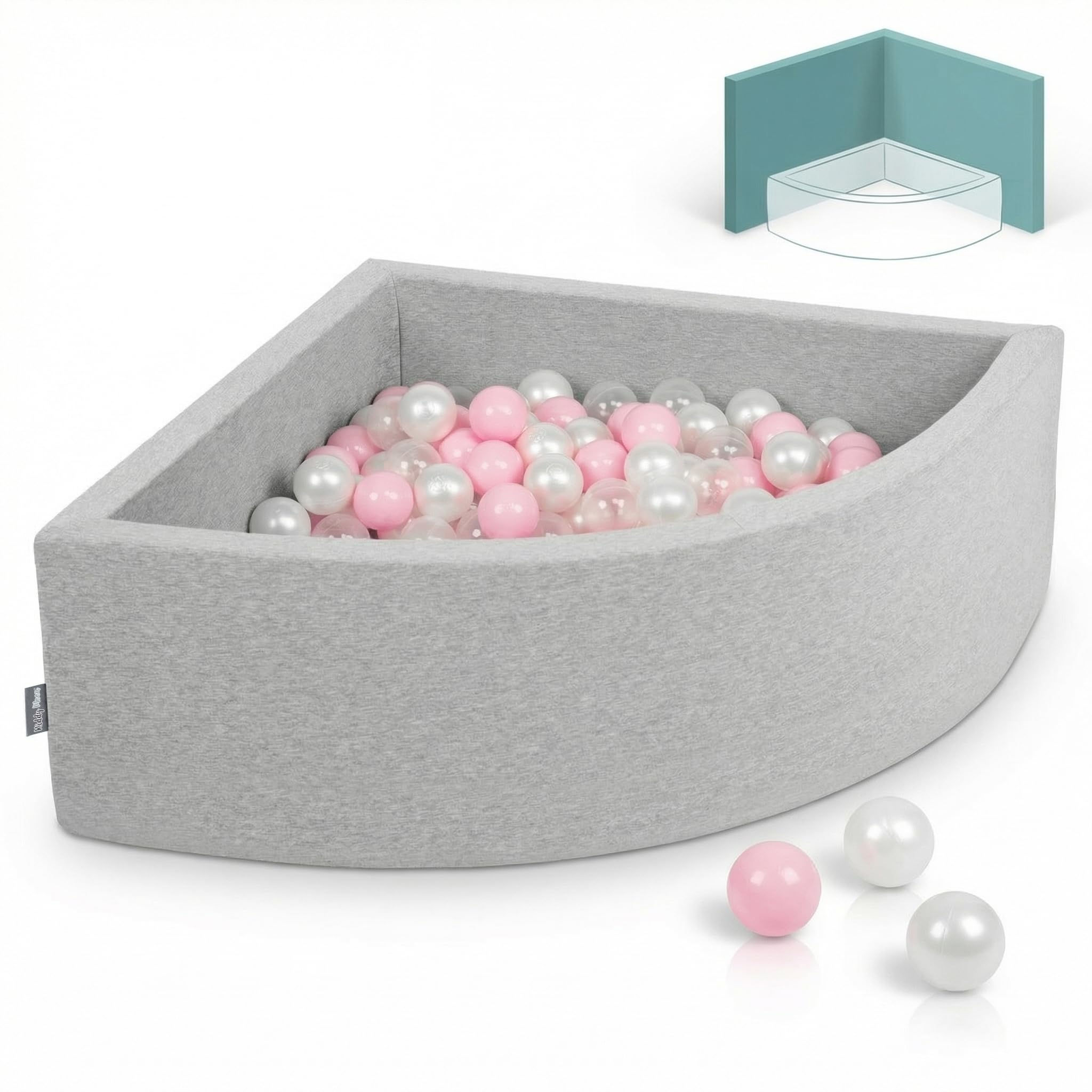 KiddyMoon Quarter Corner Ball Pit 90x30cm with 200 Balls 7cm Foam Ball Pool for Baby and Toddler - Light Grey: Light Pink Pearl Transparent — image 1