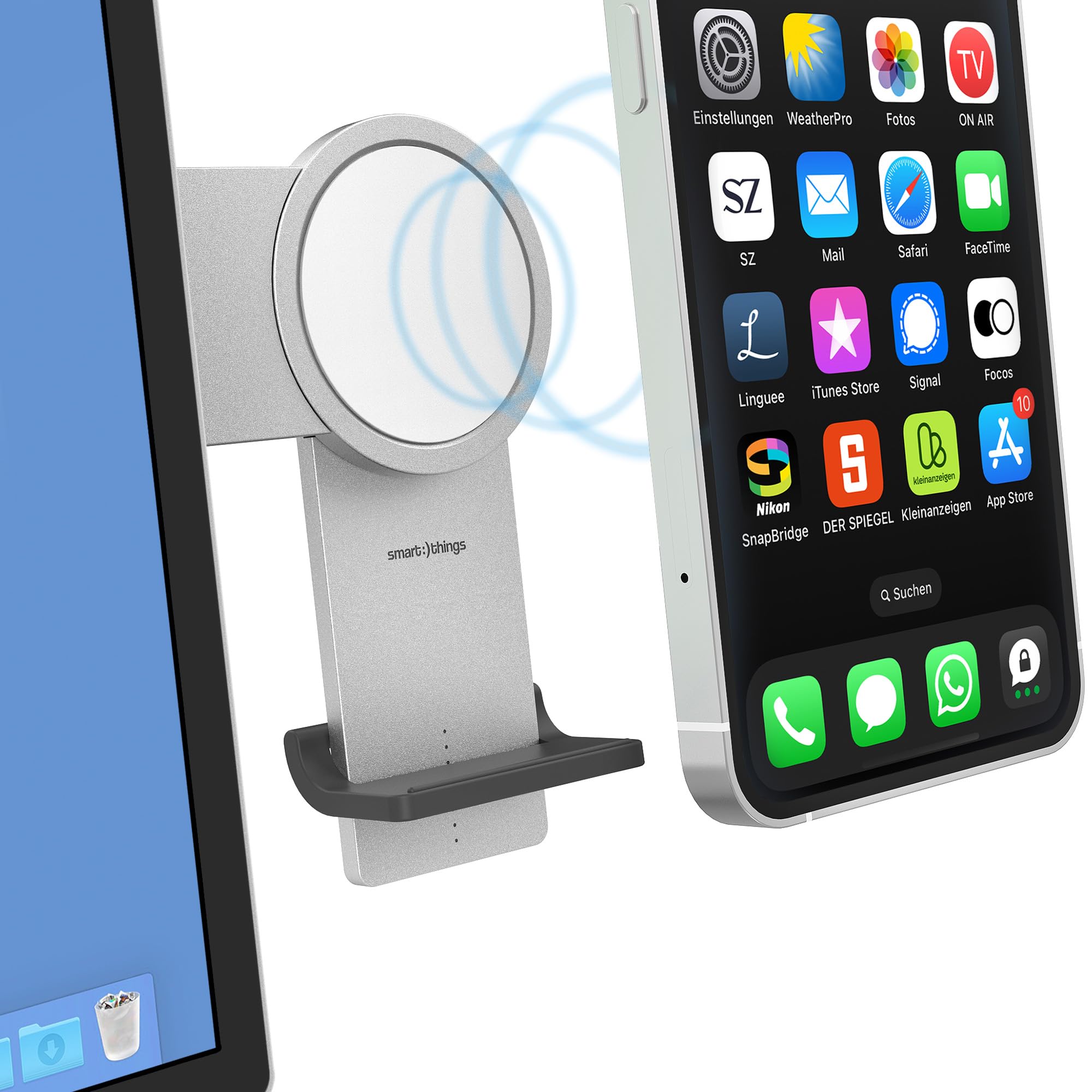 Smart things s47 PhoneBase - Supporto per smartphone con caricabatterie wireless regolabile per monitor con MagSafe per FaceTime e videoconferenze