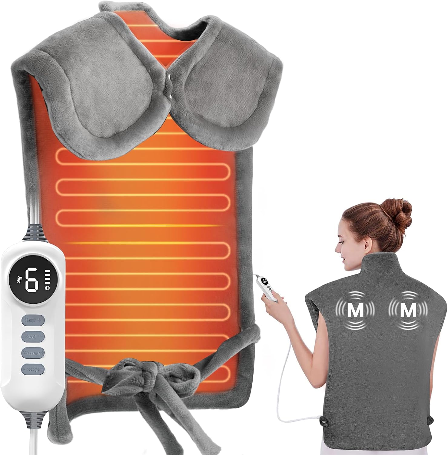 DAILYIFE Heating Pad with Massager for Neck and Shoulders, Wearable Electric Heating Pads for Back Pain Relief, 6 Heat Settings, 4 Massage Modes, Large Size, Auto-Shut Off, UL Certified, Grey