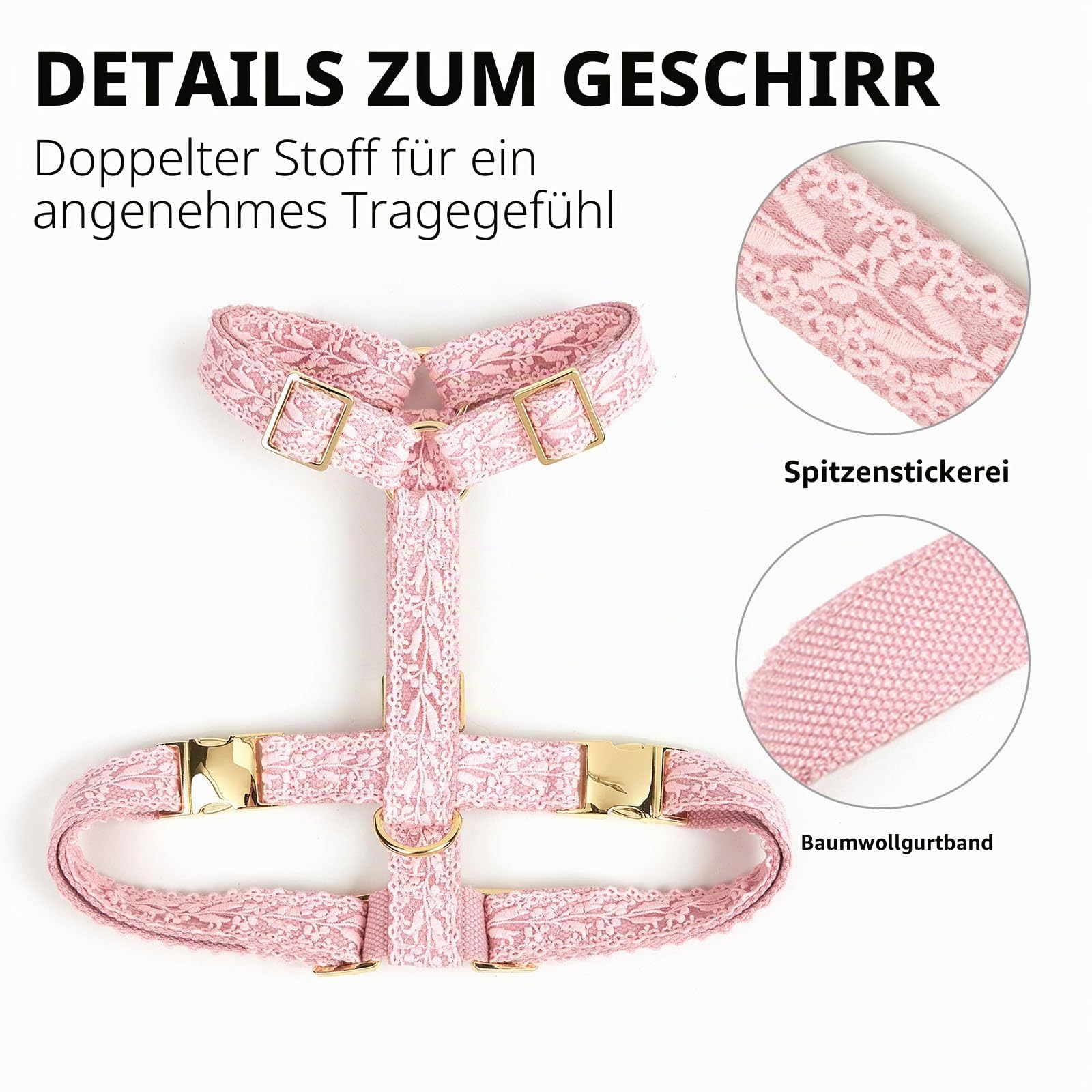 Besticktes Hundegeschirr und Leine Set für mittelgroße Hunde Verstellbare Baumwollspitze Handgemacht 1,2-1,5 m Leine mit Schleifenblume Geschenk für weibliche Hunde M