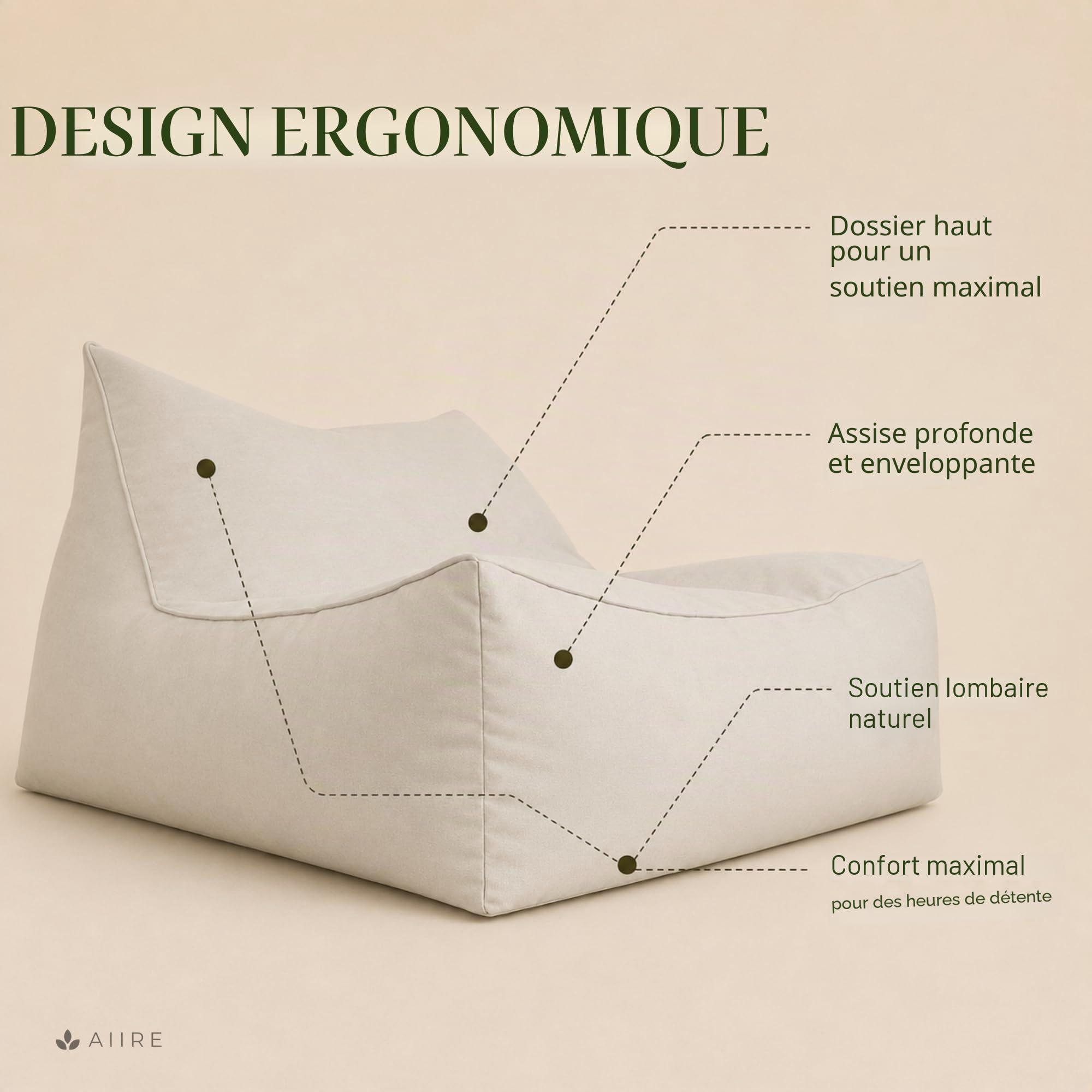 Aiire Pouf Exterieur Géant Moderne - Fauteuil Pouffe Salon XXL avec Remplissage pour Décoration Chambre et Jardin - Bean Bag Chair Adulte ou Ado - Coussin de Sol Beige
