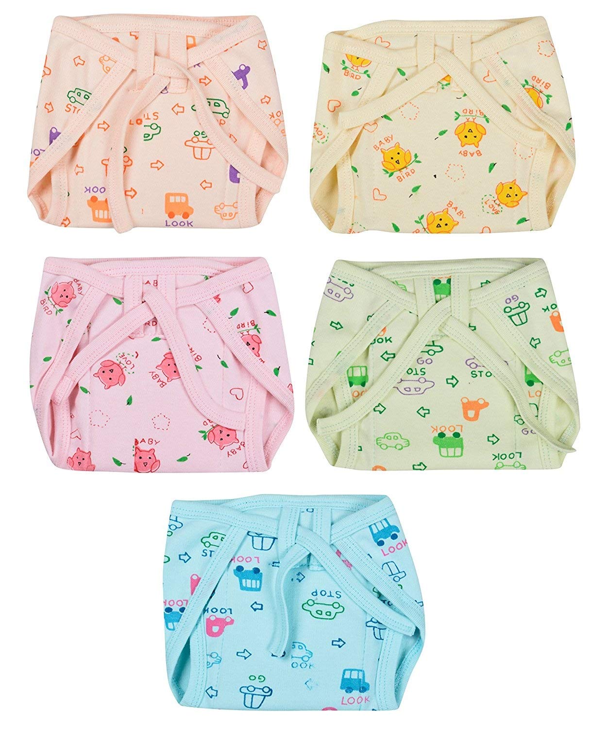 Gilli Shopee Hosiery Cotton Padded Assorted Coloured U Shape Nappies for Baby Boys and Baby Girls - Pack of 5 (Print and Colour May Vary (Tying Assorted Colour, 3-6 Months)