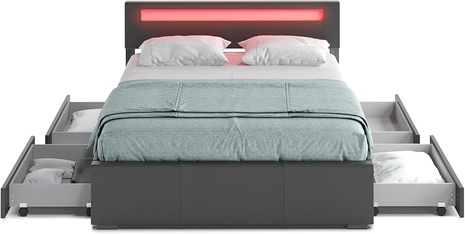 ZTOZZ Pezzolla-D LED Bed Queen Size with 4 Drawers - Low Profile Platform Bed with 16 Colors LED Lights headboard and Faux Leather Upholstery - Black Color