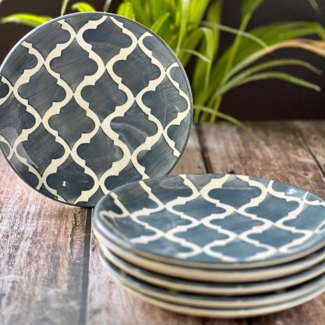 aDai Premium Moroccan Ceramic Quarter Side Plates for Snacks & Gifting, Microwave & Dishwasher Safe | Perfect for Pasta, Breakfast, Lunch, Dinner for Home, Kitchen or Café (Set of 1, 8.07 Inch, Grey) 2