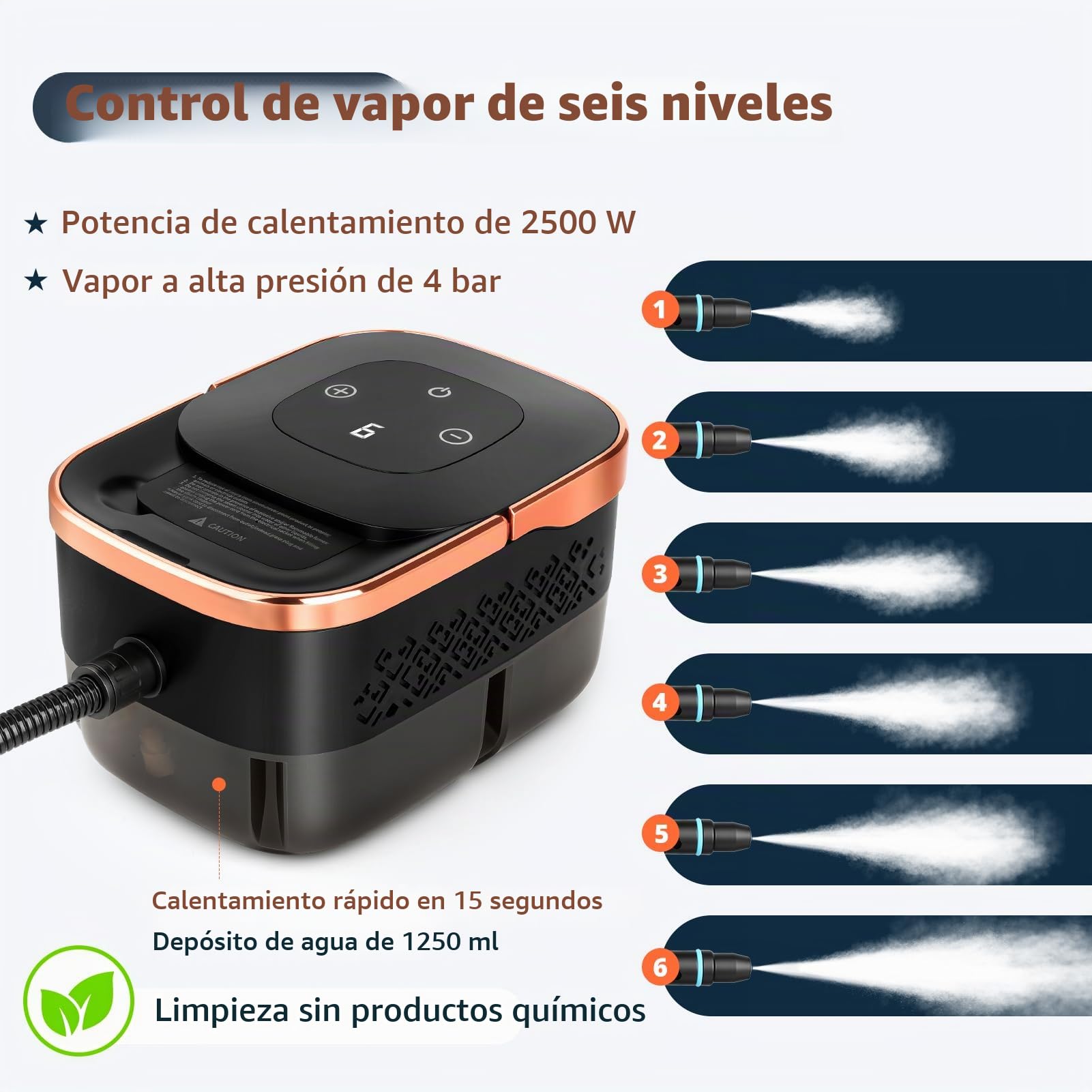Limpiador de Vapor de Mano 2500W – 4 bares, Calentamiento en 15s, Vapor Desinfectante a 105°C, Depósito Extra Grande 1250ml, 6 Niveles Ajustables para Cocina, Baño, Coche (23 Accessoires)