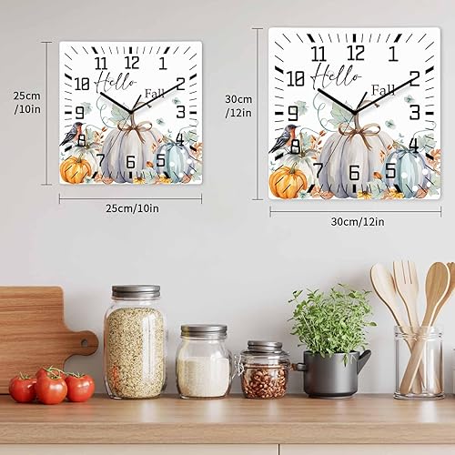 Miniatura 6 de Debedcor Thanksgiving Pumpkin Wooden Wall Clock Silent Non Ticking, Autumn Leaf Fall Harvest Square Wall Clock Battery Operated, Decor Clock for