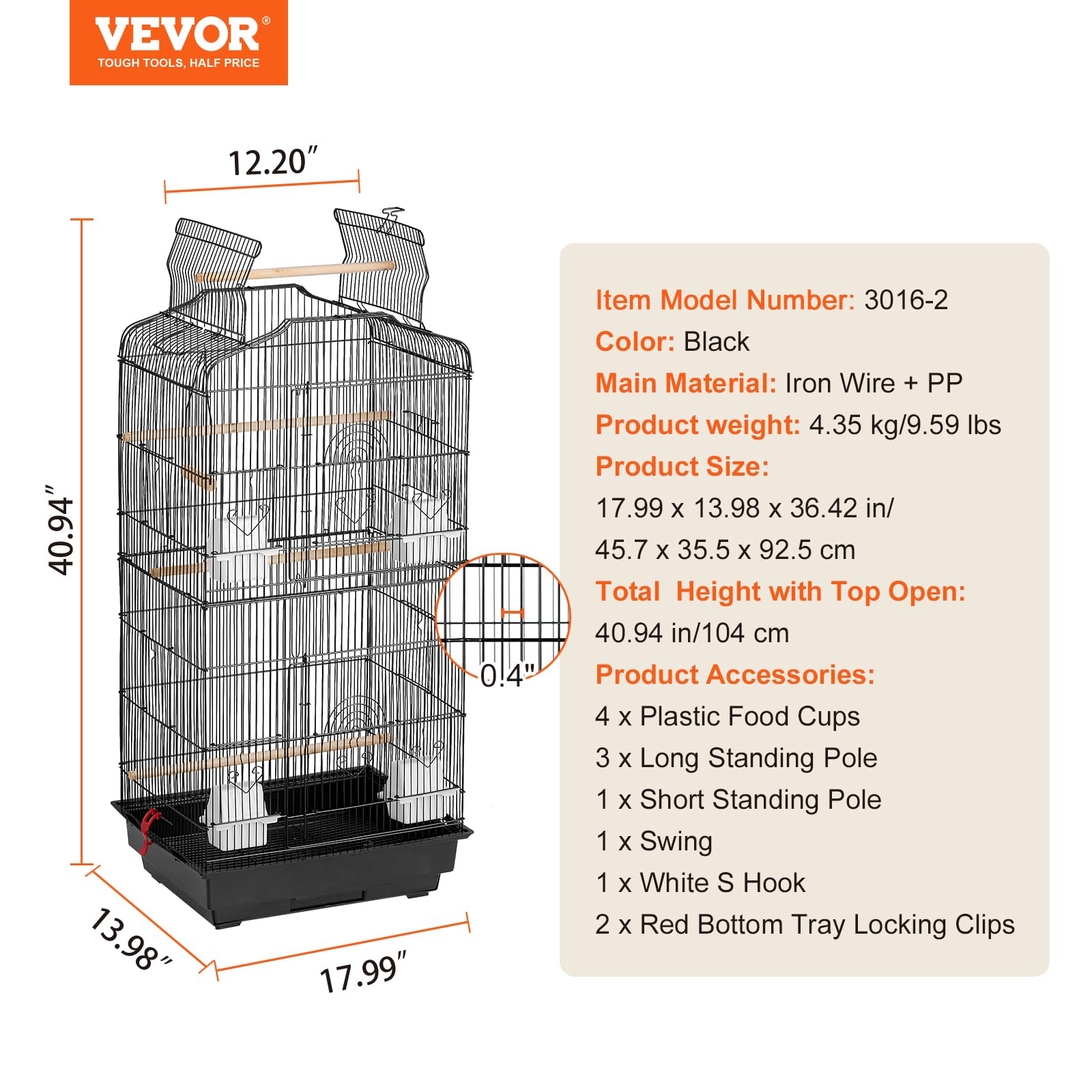 VEVOR Grande Cage Oiseau Métal Suspendue 45,7 x 35,5 x 92,5 cm Dessus Ouvert Balançoire Perchoir pour Perruches Pinsons Canaris