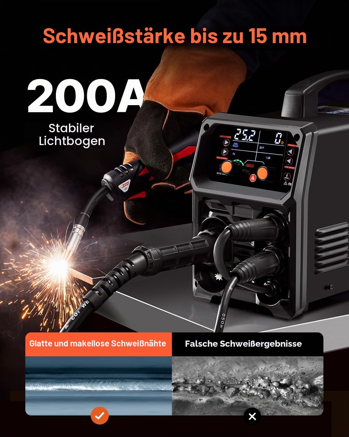 VEVOR MIG-Schweißgerät, 200 A synergetische MIG-Schweißmaschine, 4-in-1-Gas-MIG/Flux Core-MIG/Stick/Lift-TIG-Mehrprozess-Welder mit IGBT-Wechselrichtertechnologie und LCD-Bildschirmanzeige