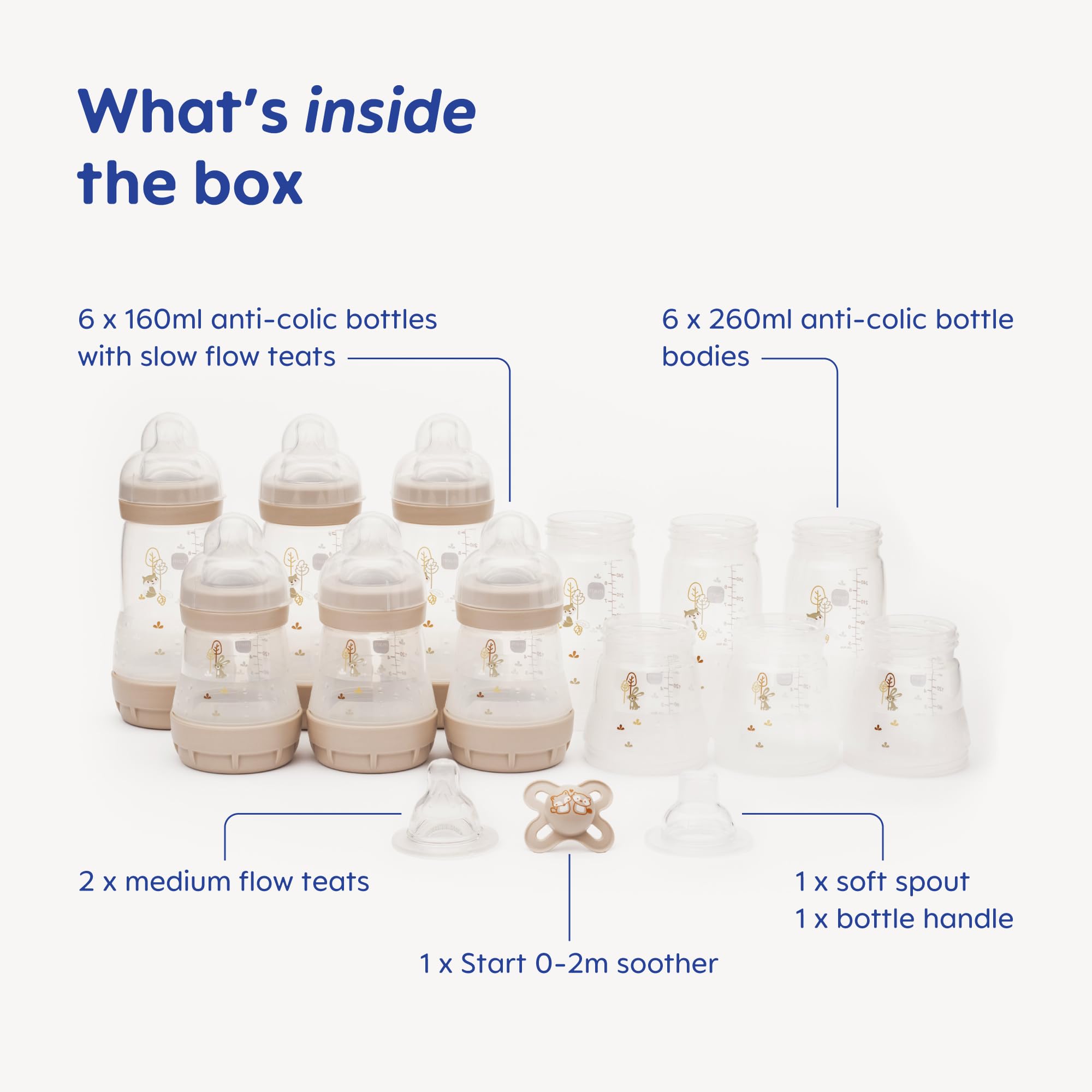 MAM Easy Start - Set di biberon anti-coliche | 17 pezzi | include 6 biberon e succhietto MAM Original Start 0-2 mesi | Set regalo per neonati | Grande | Lilla (vari disegni)