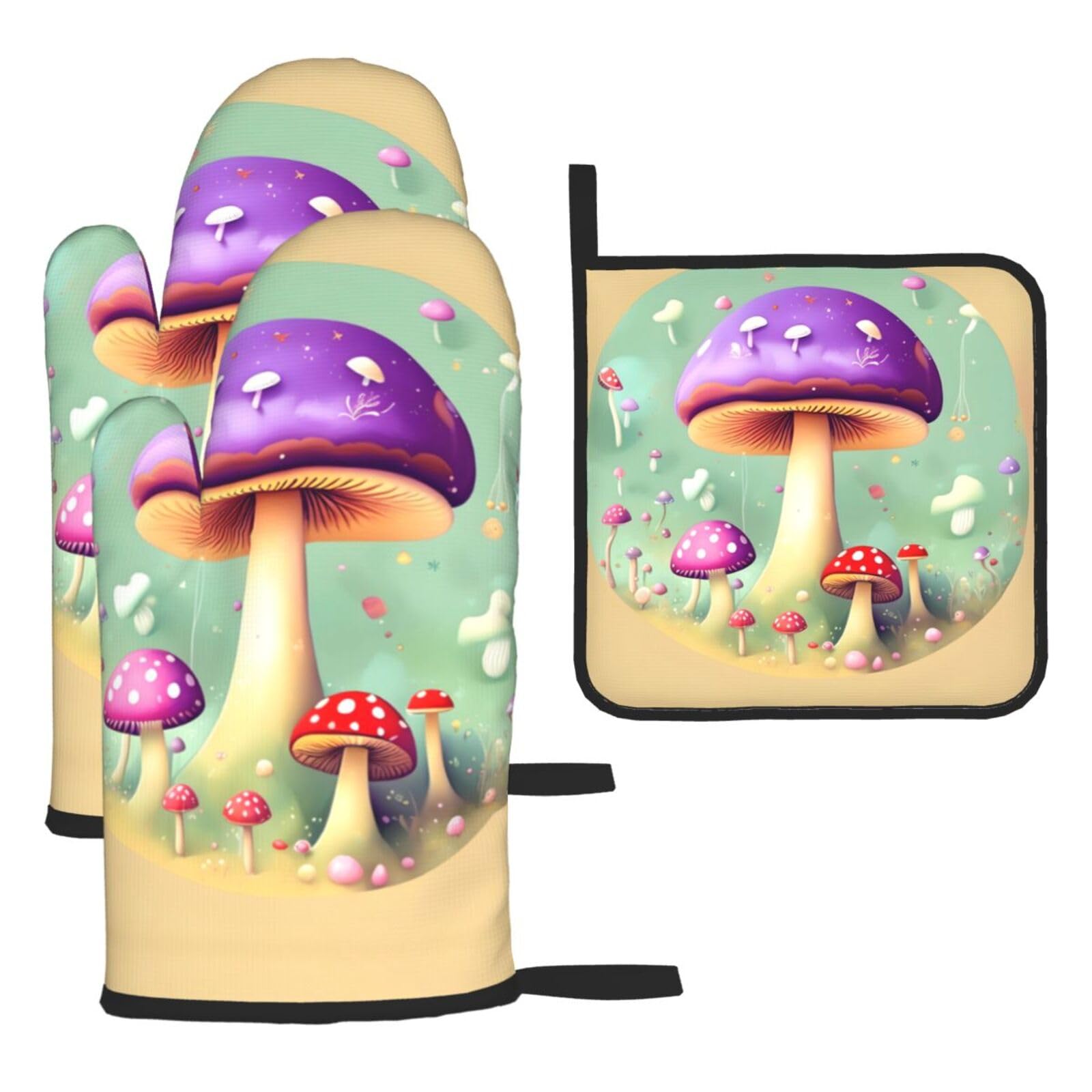 Purple Dream Mushroom Oven mittens and oven mitts three-piece set suitable for oven, grilling, baking, microwave and home cooking.