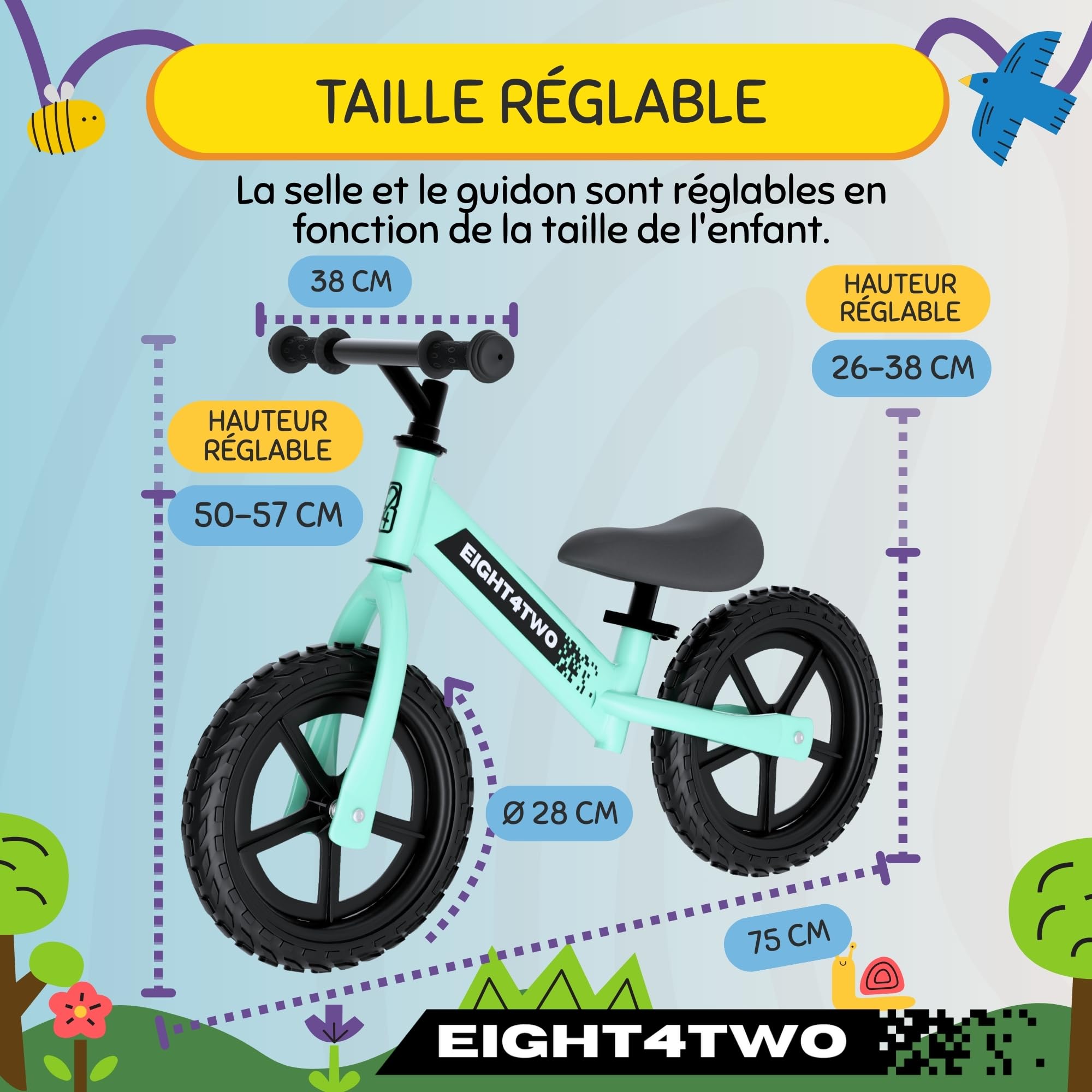 EIGHT4TWO Vélo sans pédales pour enfant 2, 3, 4 et 5 ans, idéal pour équilibre, jouets pour enfants de 2, 3, 4 et 5 ans.