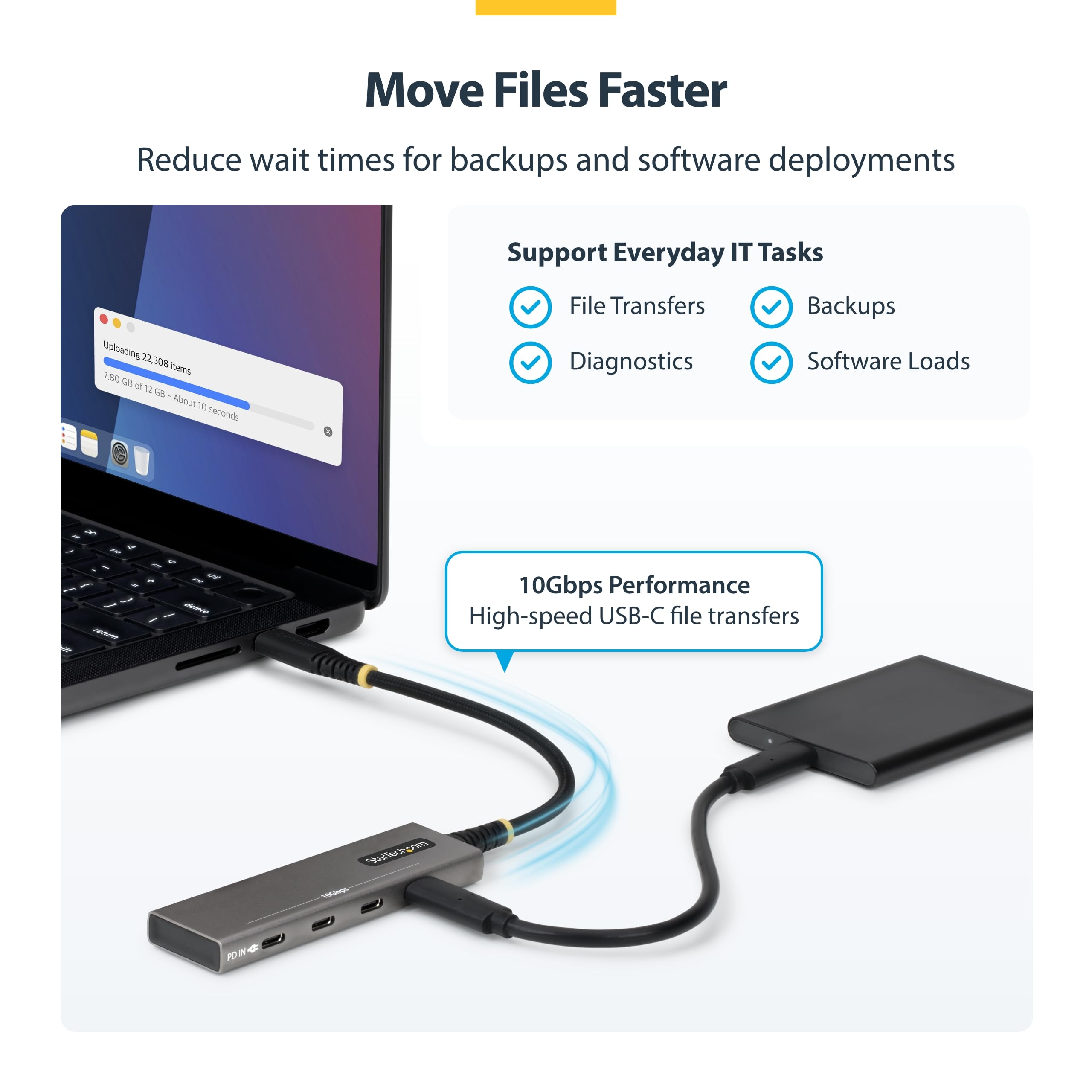 StarTech Hub USB-C 4 Ports 10Gbps, Recharge PD 100W (309B-USBC-HUB) | Station d'accueil, dock, Aluminium PCR, MacBook, Dell, iPad