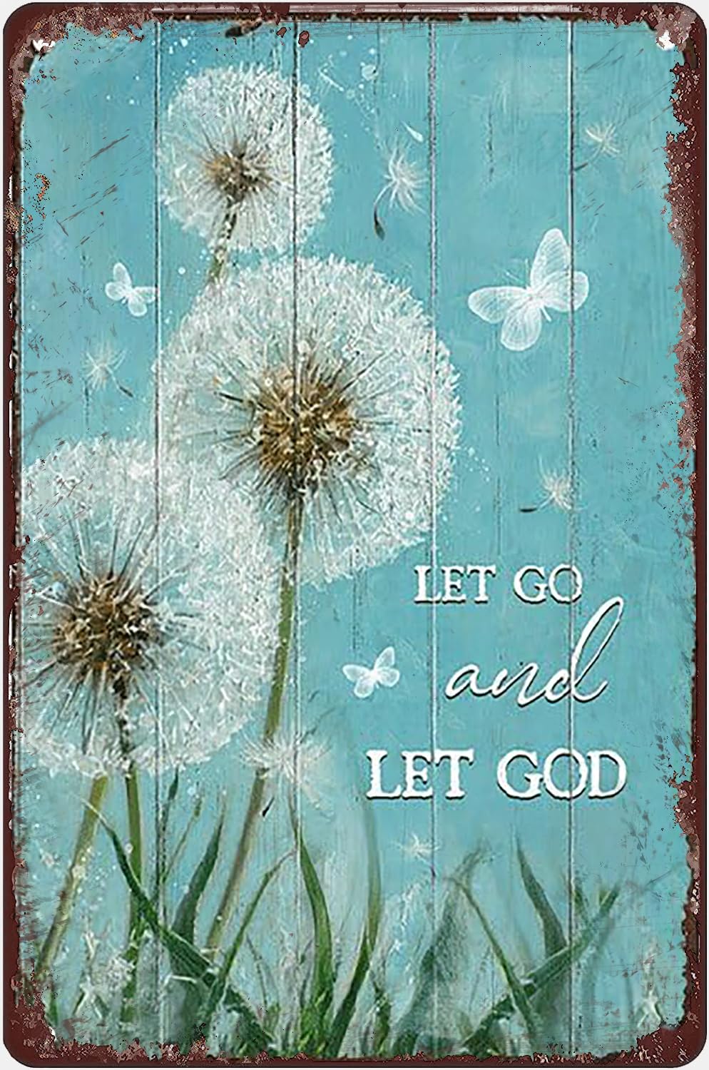 Pibonto Women's Wall Decor Vintage Metal Tin Sign Dandelion White Butterfly Let Go And Let God Rustic For Home Bedroom Bar Cafe Club Gift For Men 8X5.5 Inch Plaque Tin Sign