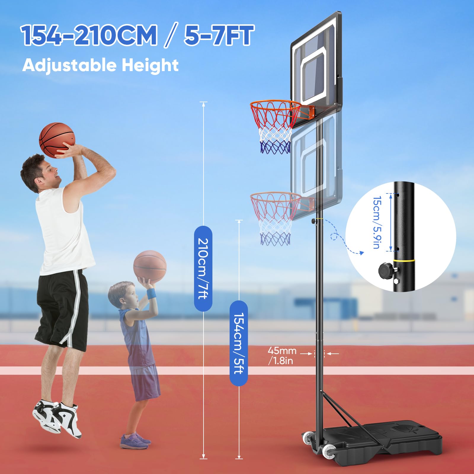 Canasta de baloncesto al aire libre para niños/jóvenes, soporte de baloncesto portátil, altura ajustable, cesta ajustable, viene con dos redes de baloncesto, para deportes de interior y exterior (154
