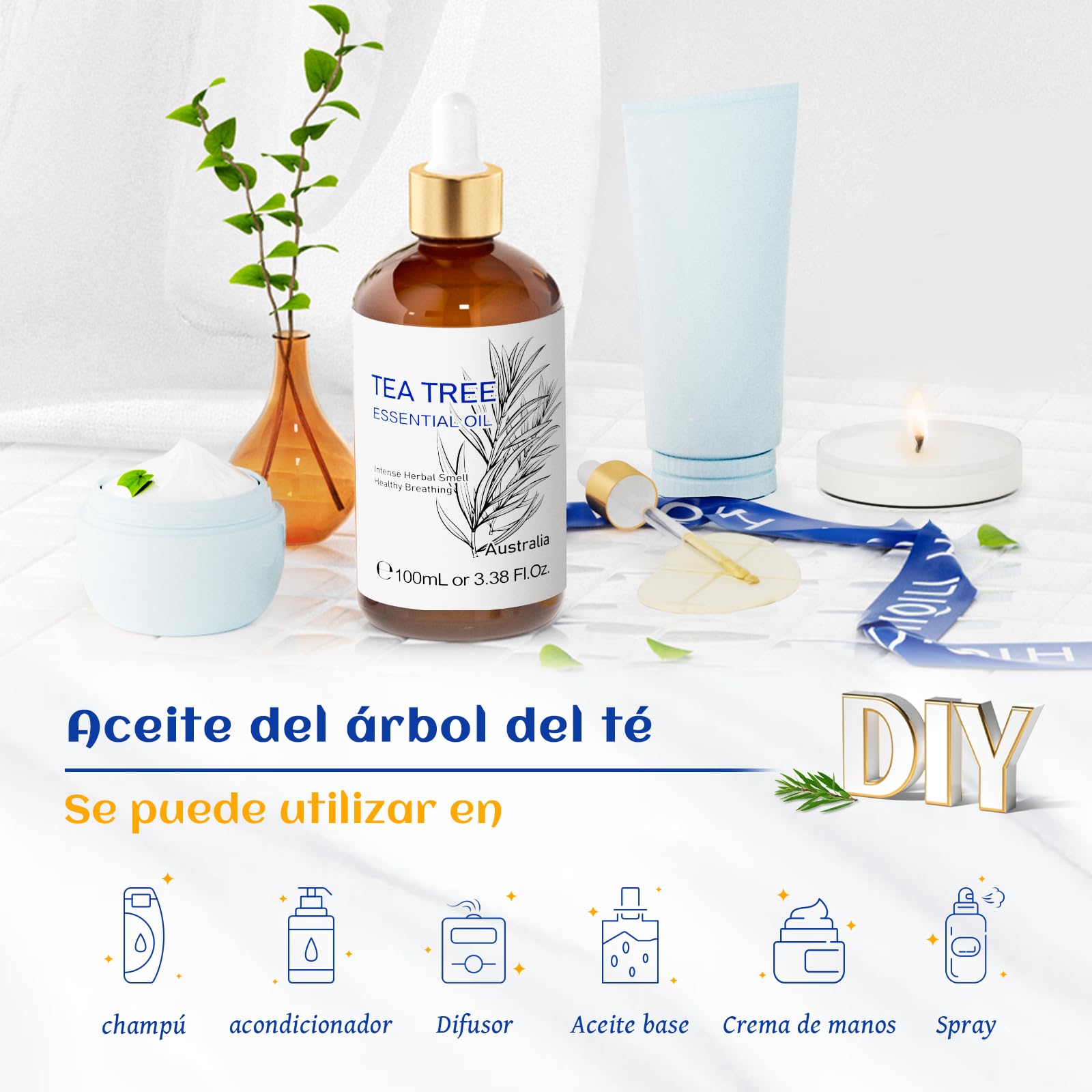 HIQILI Aceite Arbol Del Te 100ml, 100% Natural Puro, para Piel, Cabello, Uñas, Difusore, se Puede Añadir Champú, al gel de Ducha y a los Spray — view 6