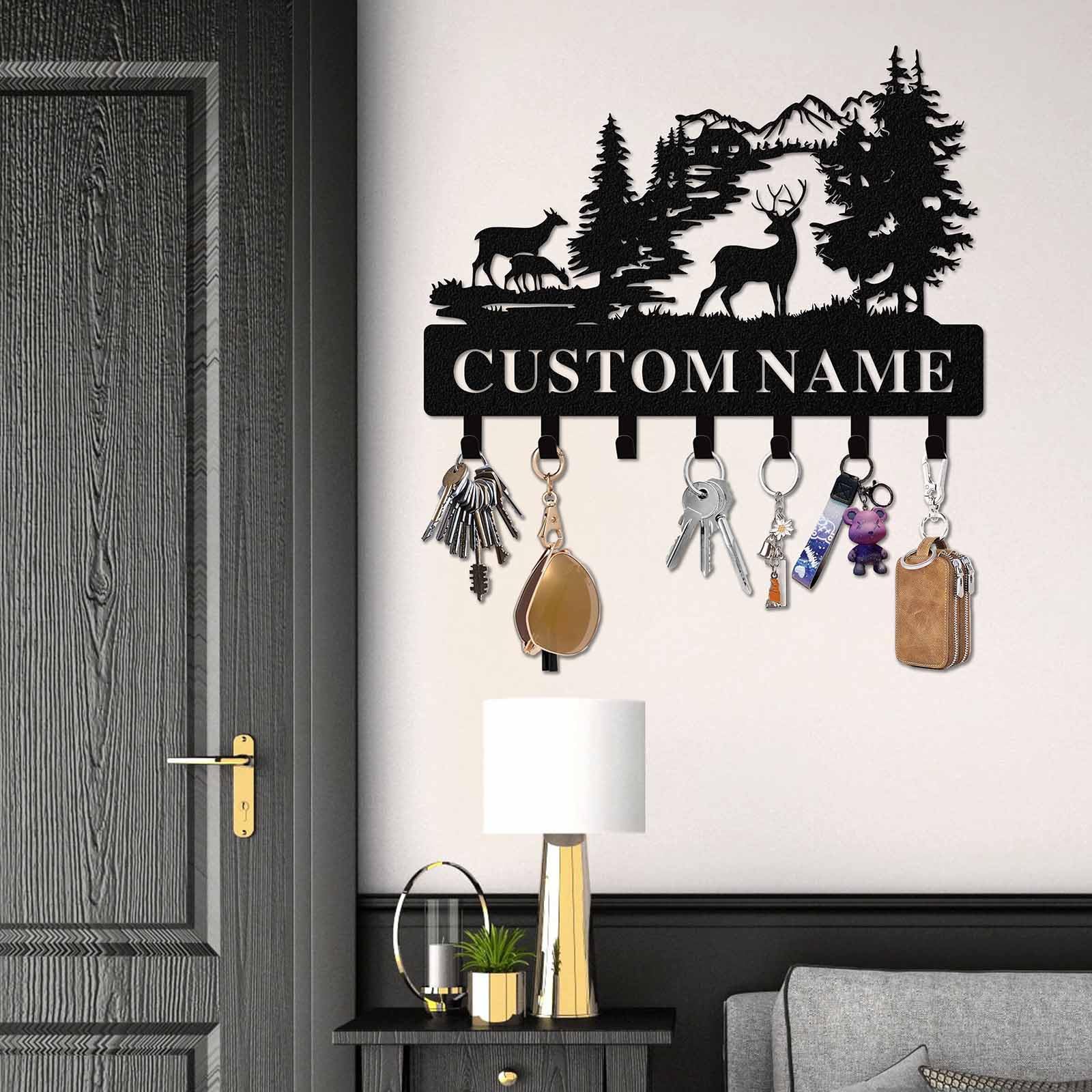 Quanqiuyi Personalized Forest Deer Coat Rack Wall Hanging Key Holder with Name, Metal Key Holder Wall Mount for Kitchen Hallway Doorway Home Decor Gift