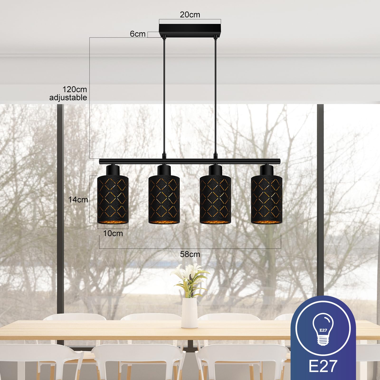 Pendelleuchte Esstisch 4 Flammig Schwarz, Hängelampe Esszimmer Höhenverstellbar, Vintage Esszimmerlampe E27 mit Laser-Cut Stoffschirmen, Modern Industrie Esstisch Hängeleuchte für Küche Wohnzimmer Bar