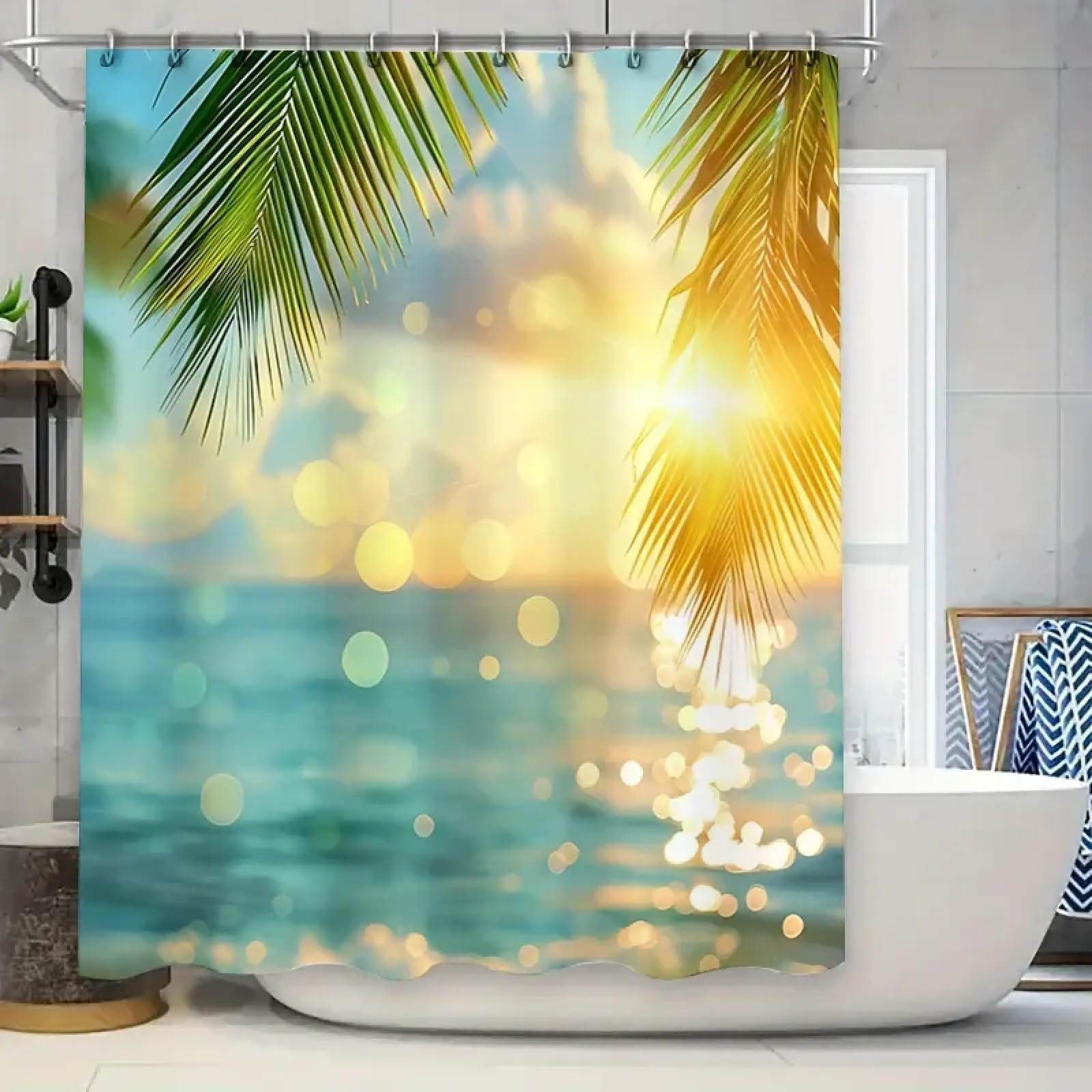 Rideau de douche imperméable long 150 x 210 cm avec 12 crochets pour salle de bain tropicale